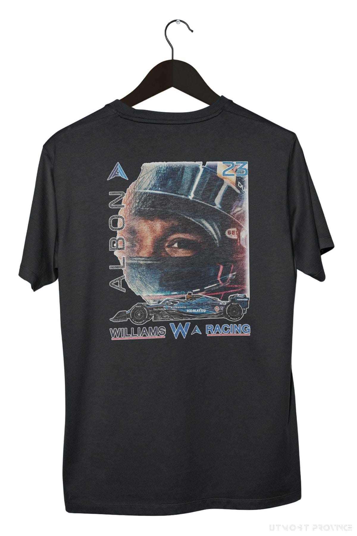 Back of Utmost Province custom Williams Racing T Shirt, showcasing the graphic design on the back of the black F1 shirt.