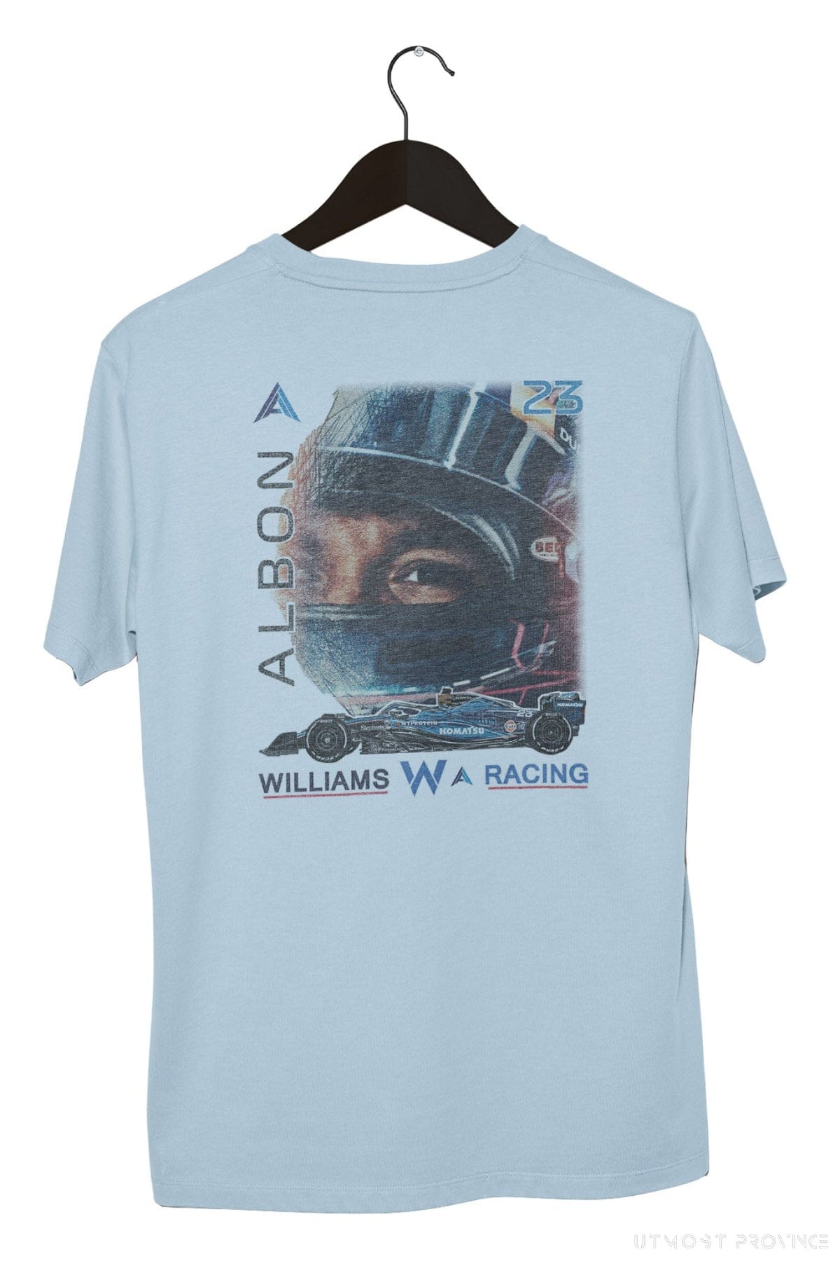 Back of Utmost Province custom Williams Racing T Shirt, showcasing the graphic design on the back of the chambray F1 shirt.