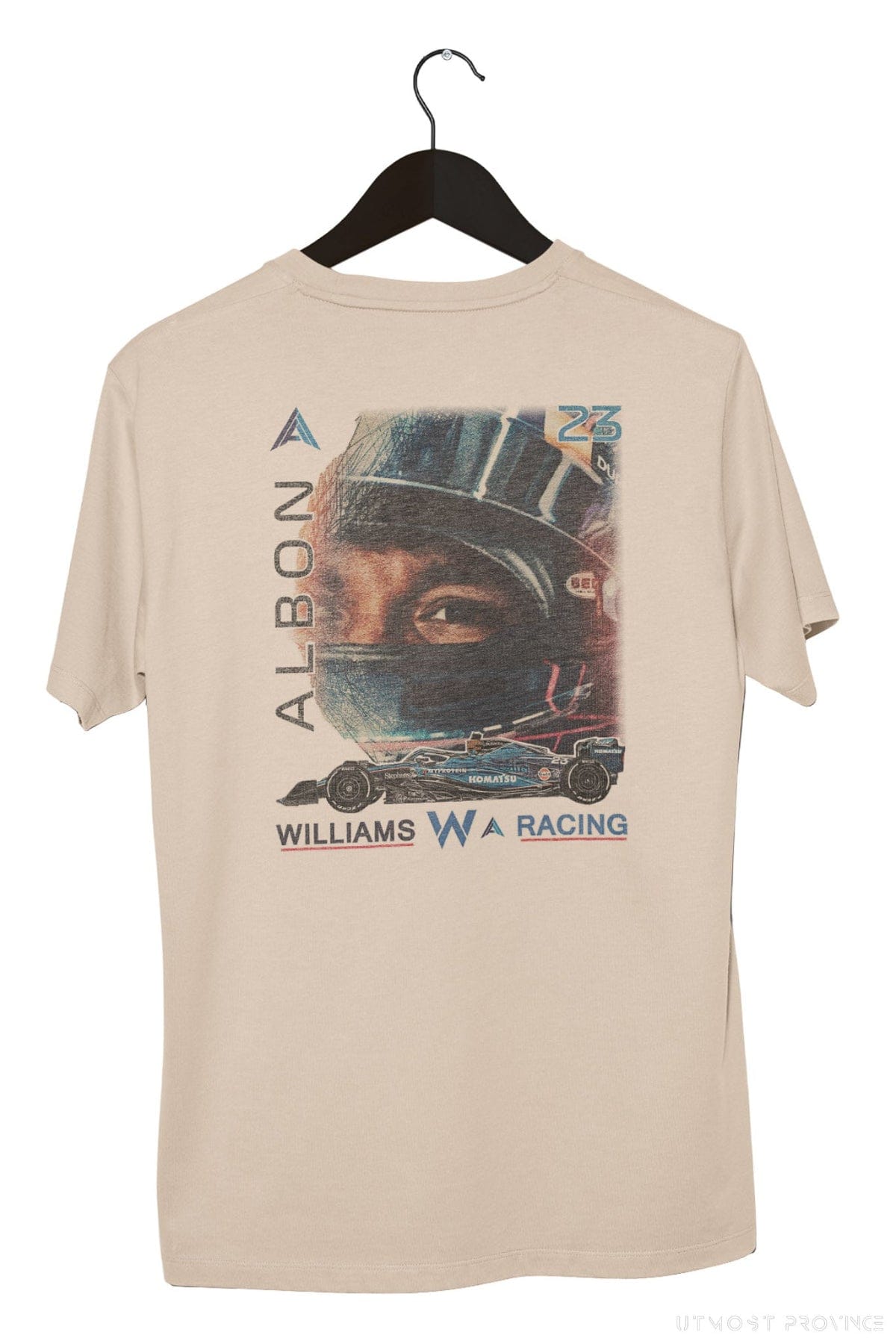 Back of Utmost Province custom Williams Racing T Shirt, showcasing the graphic design on the back of the ivory F1 shirt.