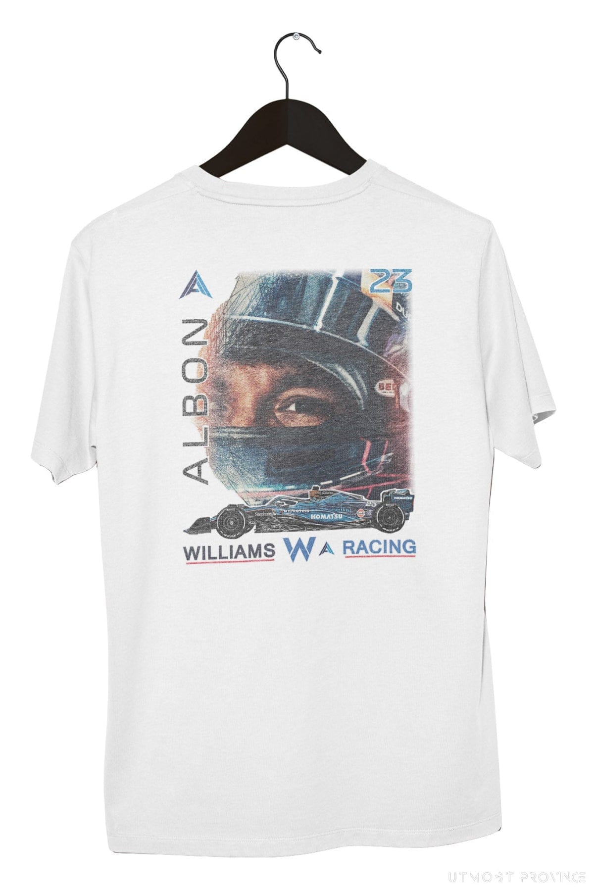 Back of Utmost Province custom Williams Racing T Shirt, showcasing the graphic design on the back of the white F1 shirt.