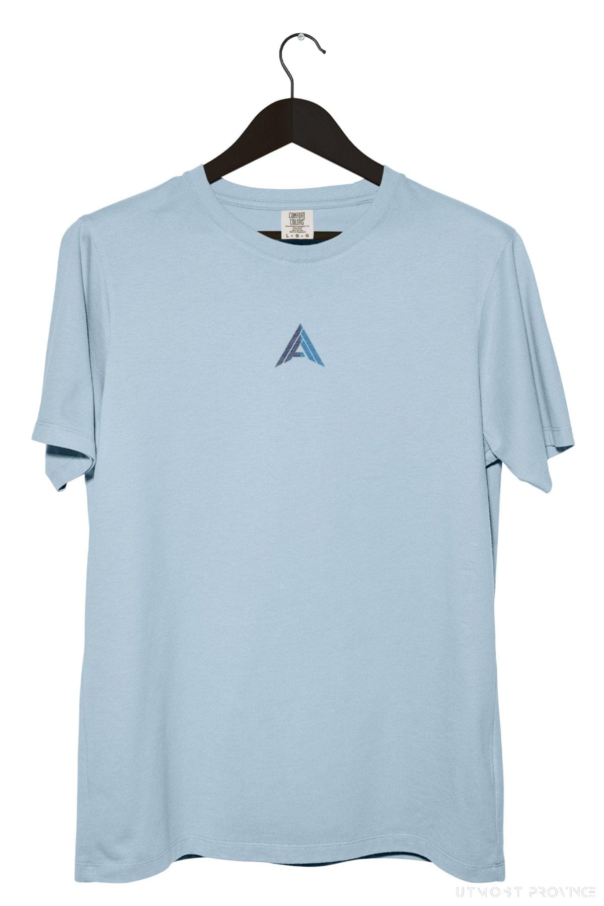 Front of a chambray Comfort Colors F1 shirt on a hanger, showcasing Utmost Province unique Alex Albon inspired logo.