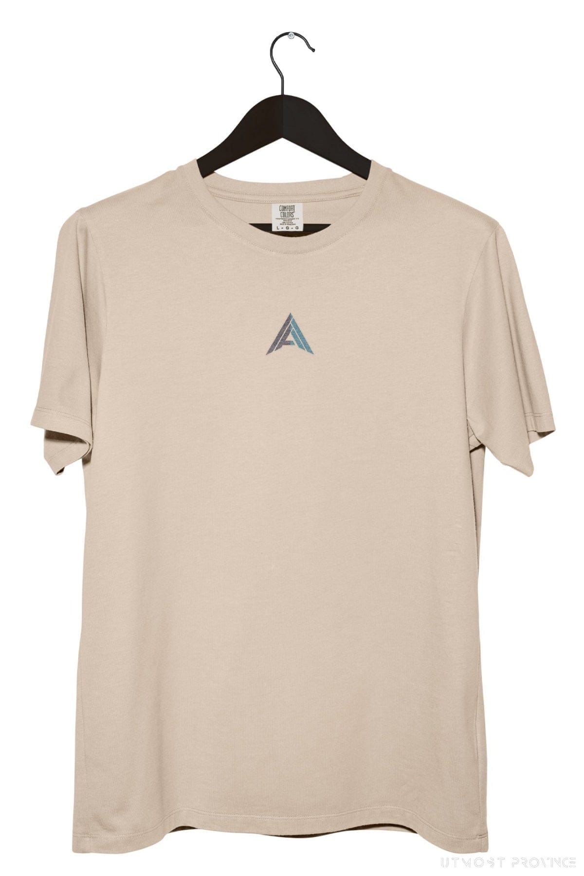 Front of a ivory Comfort Colors F1 shirt on a hanger, showcasing Utmost Province unique Alex Albon inspired logo.