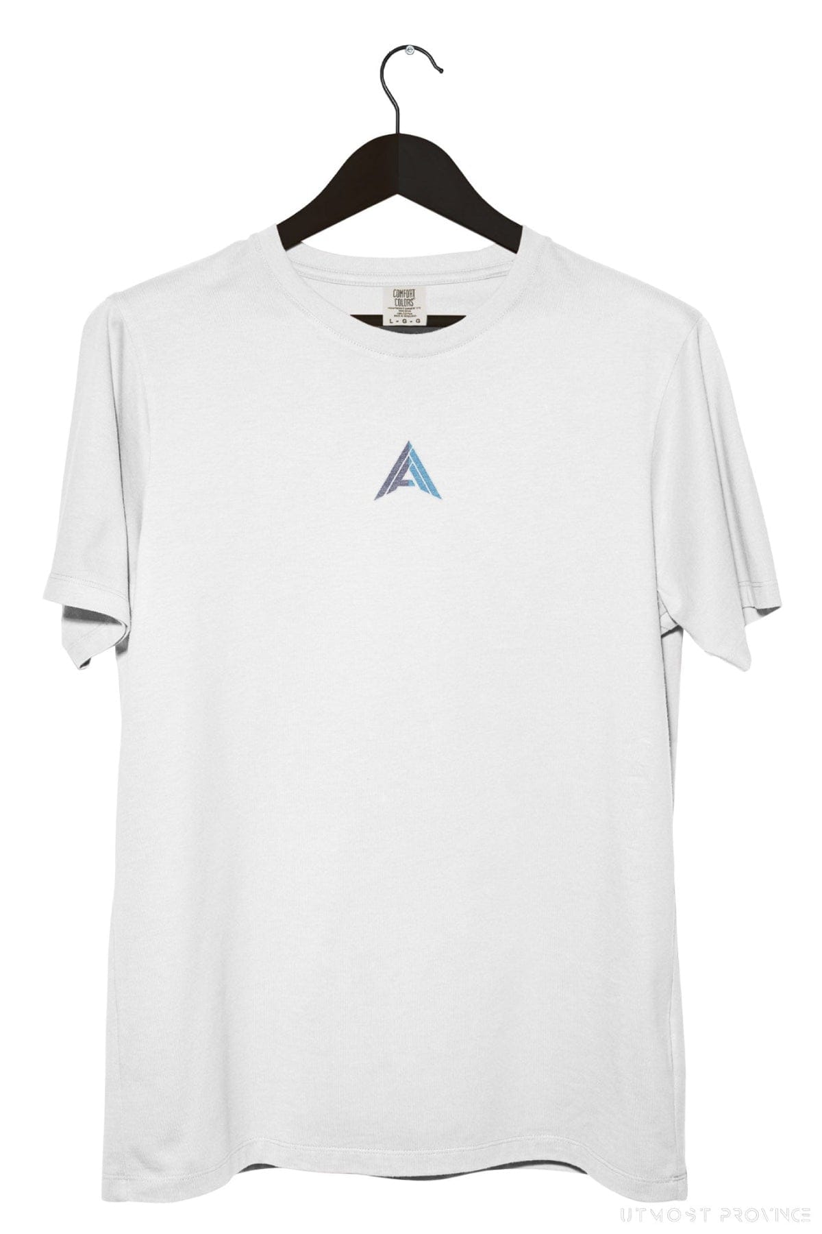 Front of a white Comfort Colors F1 shirt on a hanger, showcasing Utmost Province unique Alex Albon inspired logo.