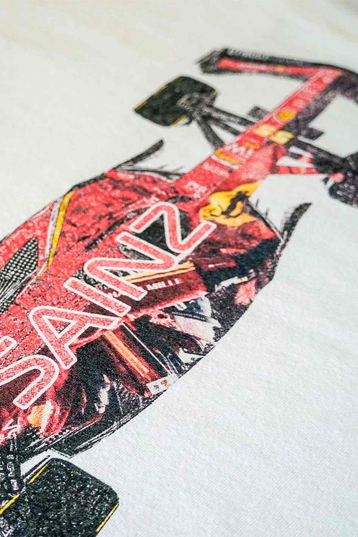 Custom Ferrari shirt inspired by Carlos Sainz, highlighting the graphic design on the back of the Ferrari inspired merch.