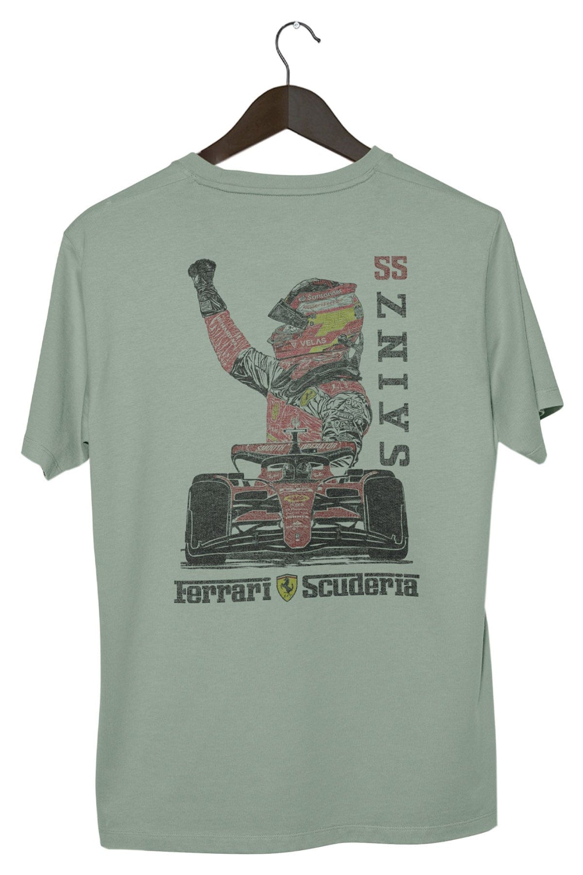 Carlos Sainz Ferrari Graphic Tee on a hanger showing the back design on a Bay Comfort Colors t-shirt.