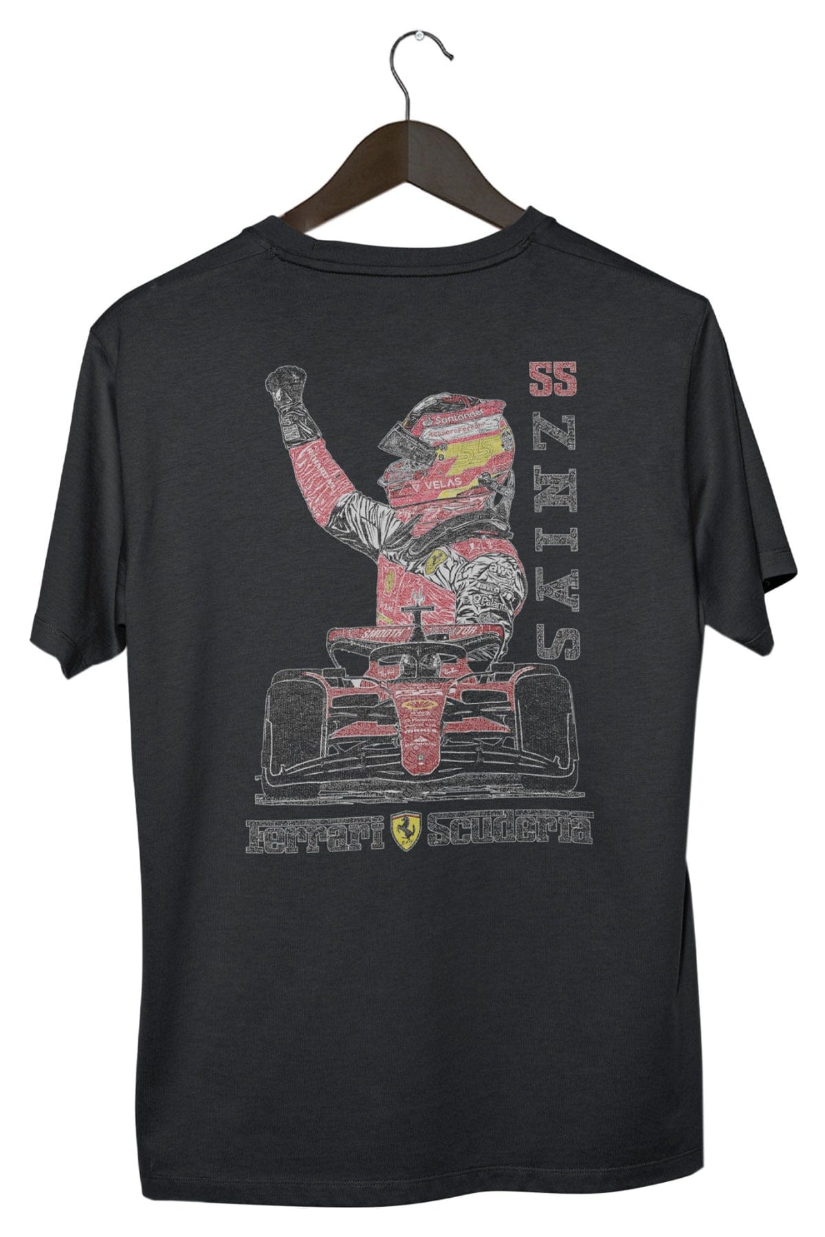 Carlos Sainz Ferrari Graphic Tee on a hanger showing the back design on a Black Comfort Colors t-shirt.