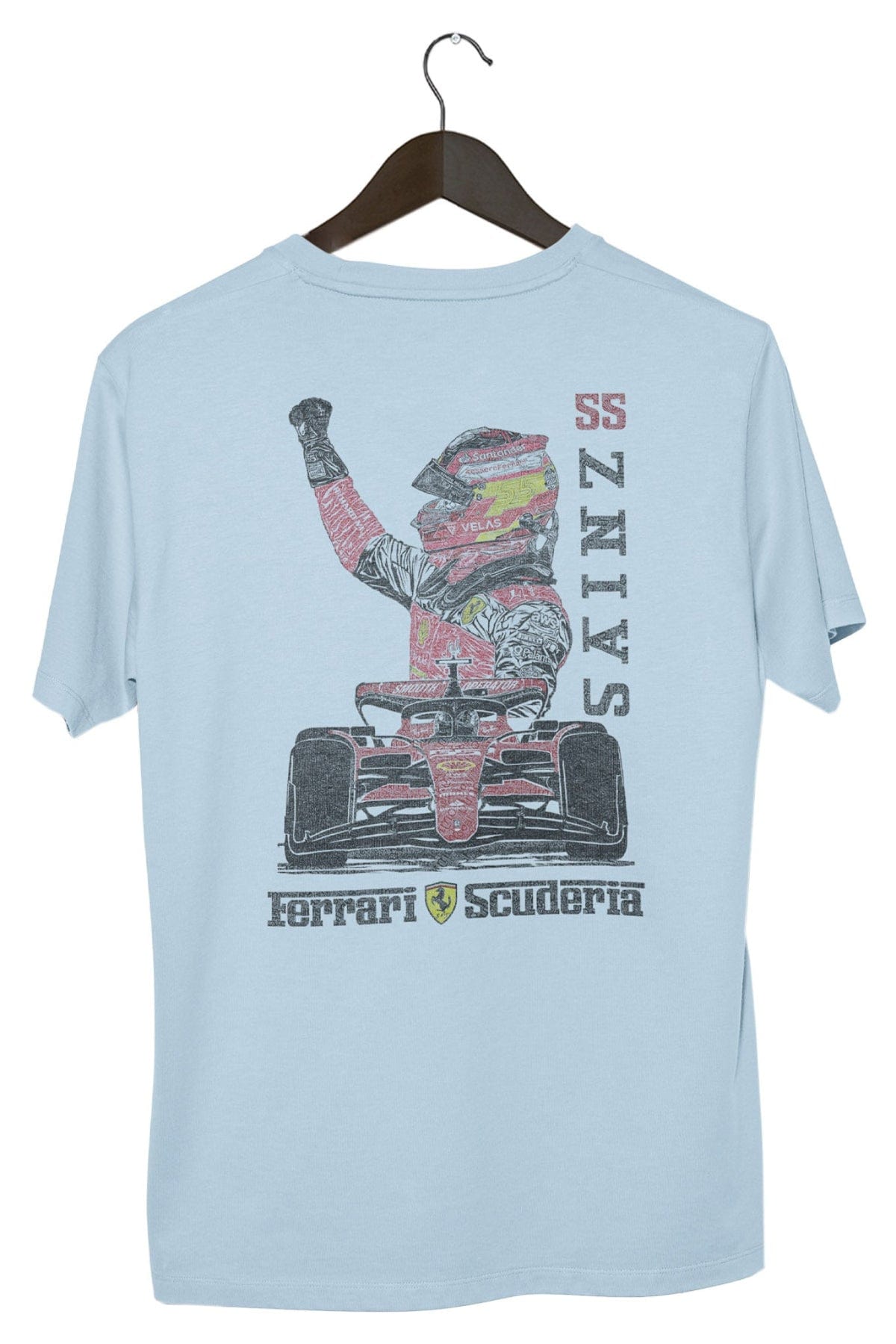 Carlos Sainz Ferrari Graphic Tee on a hanger showing the back design on a Chambray Comfort Colors t-shirt.