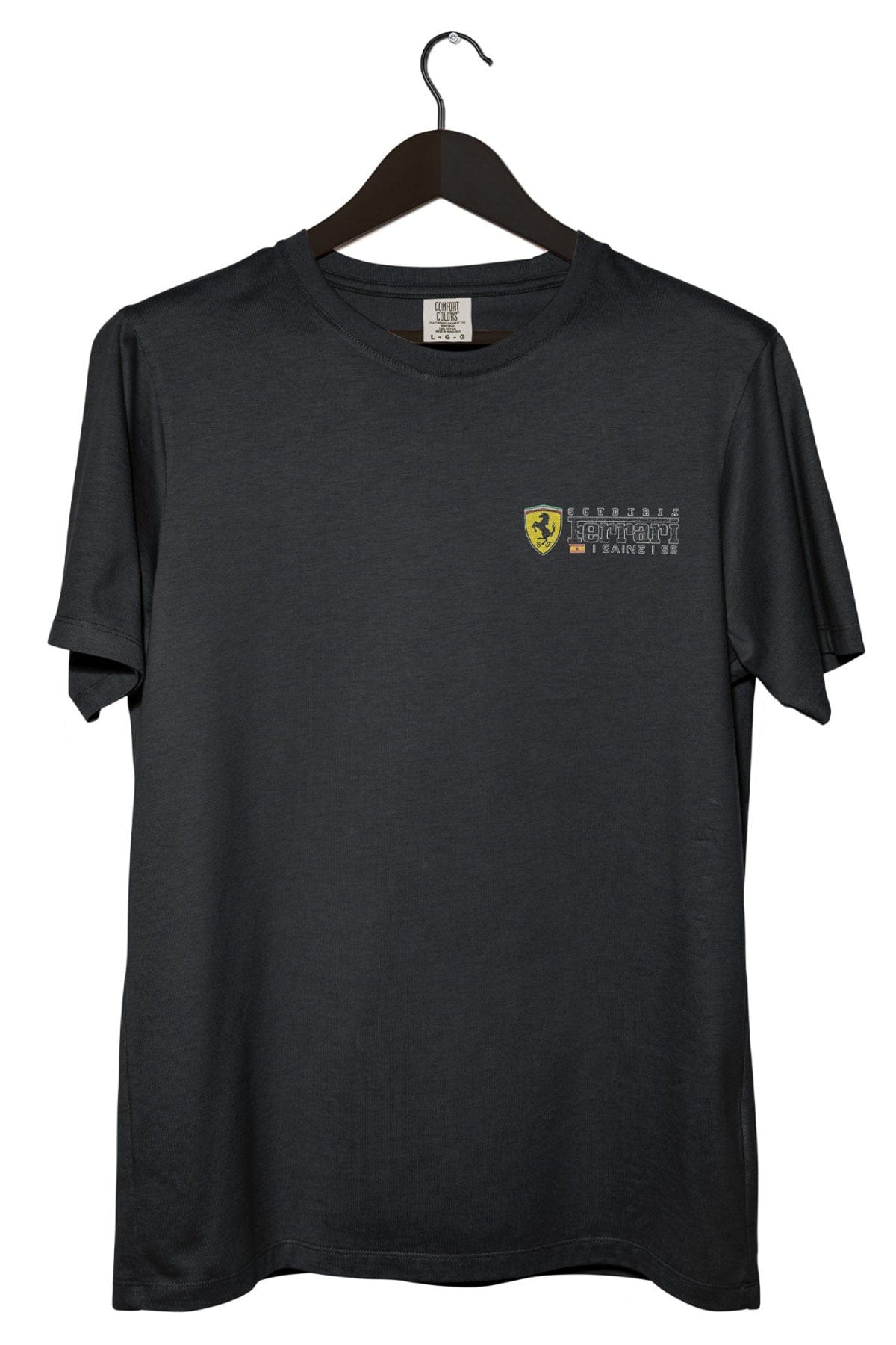 Front of a custom Ferrari Tee, highlighting the graphic design, printed on the Black Comfort Colors shirt.