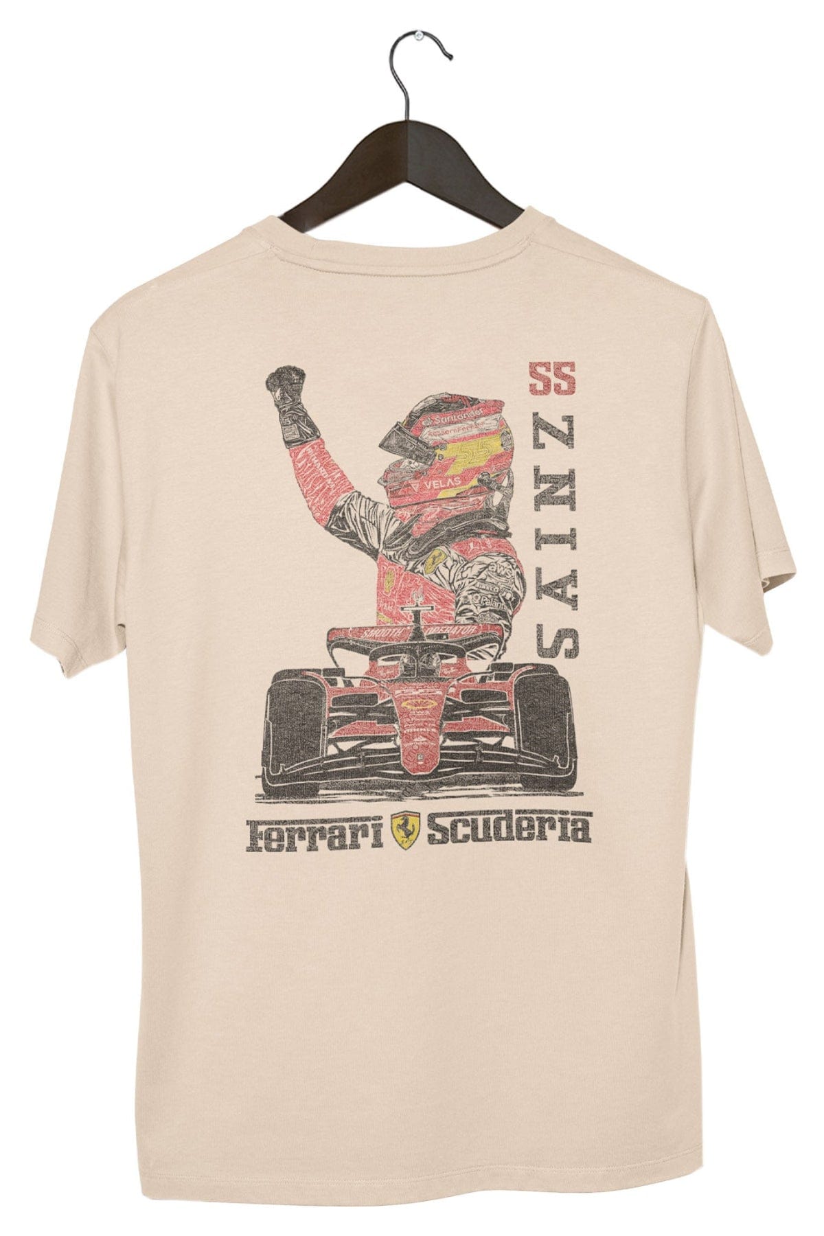 Carlos Sainz Ferrari Graphic Tee on a hanger showing the back design on a Ivory Comfort Colors t-shirt.