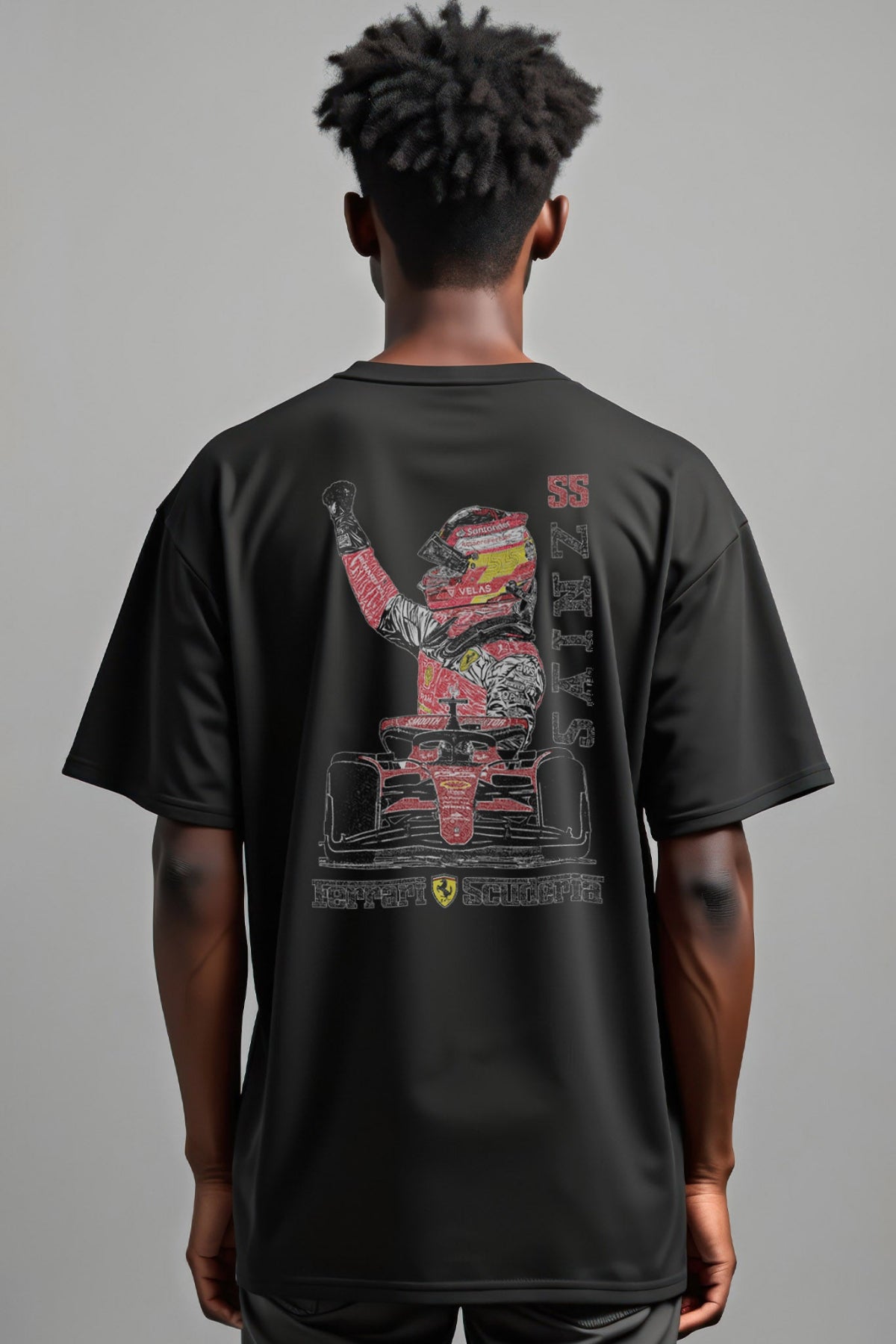 Man wearing a custom Ferrari Tee, featuring an exclusive Carlos Sainz-inspired graphic design.