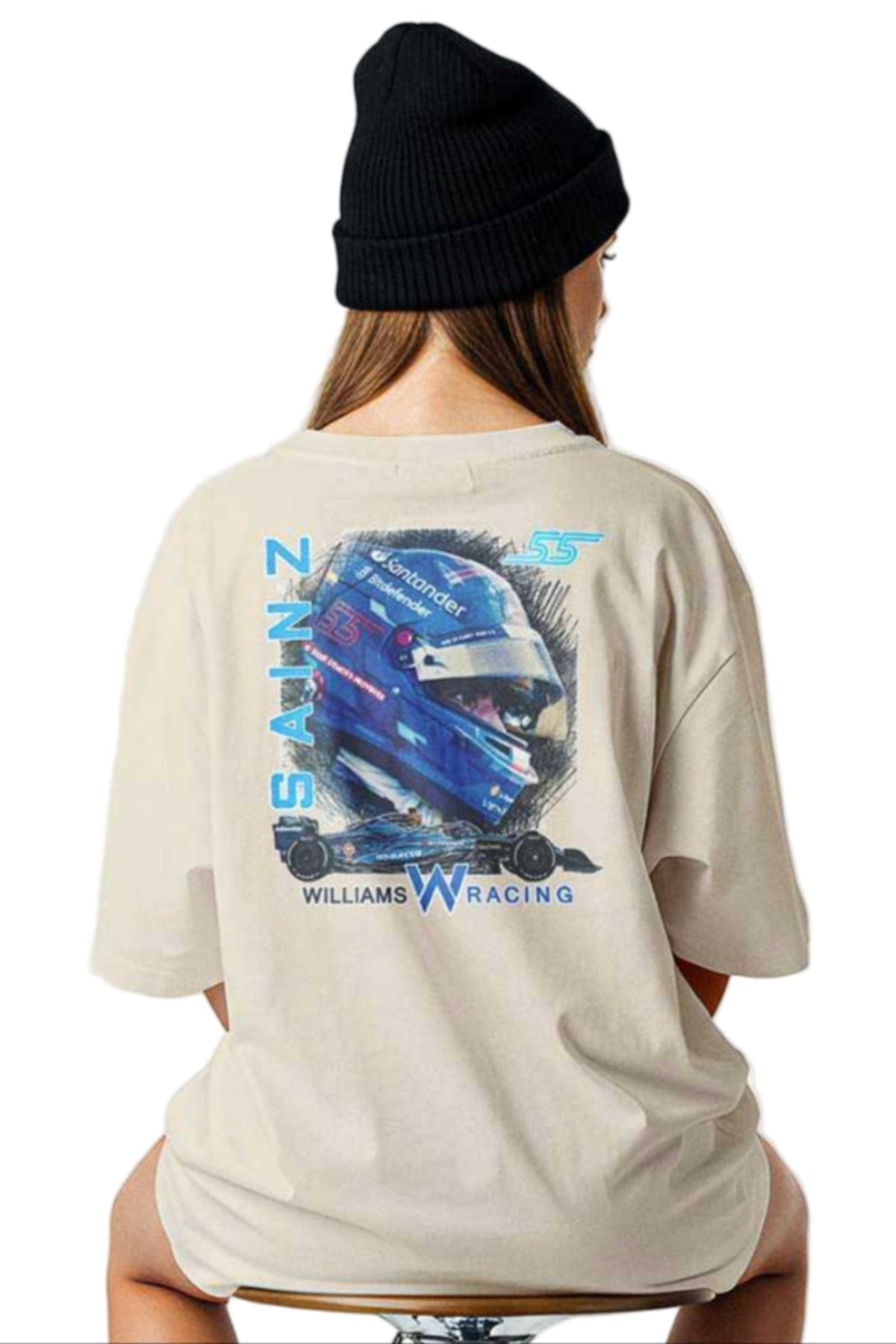 Model wearing Carlos Sainz shirt with Williams Racing F1 retro design, handmade Supima Cotton tee.