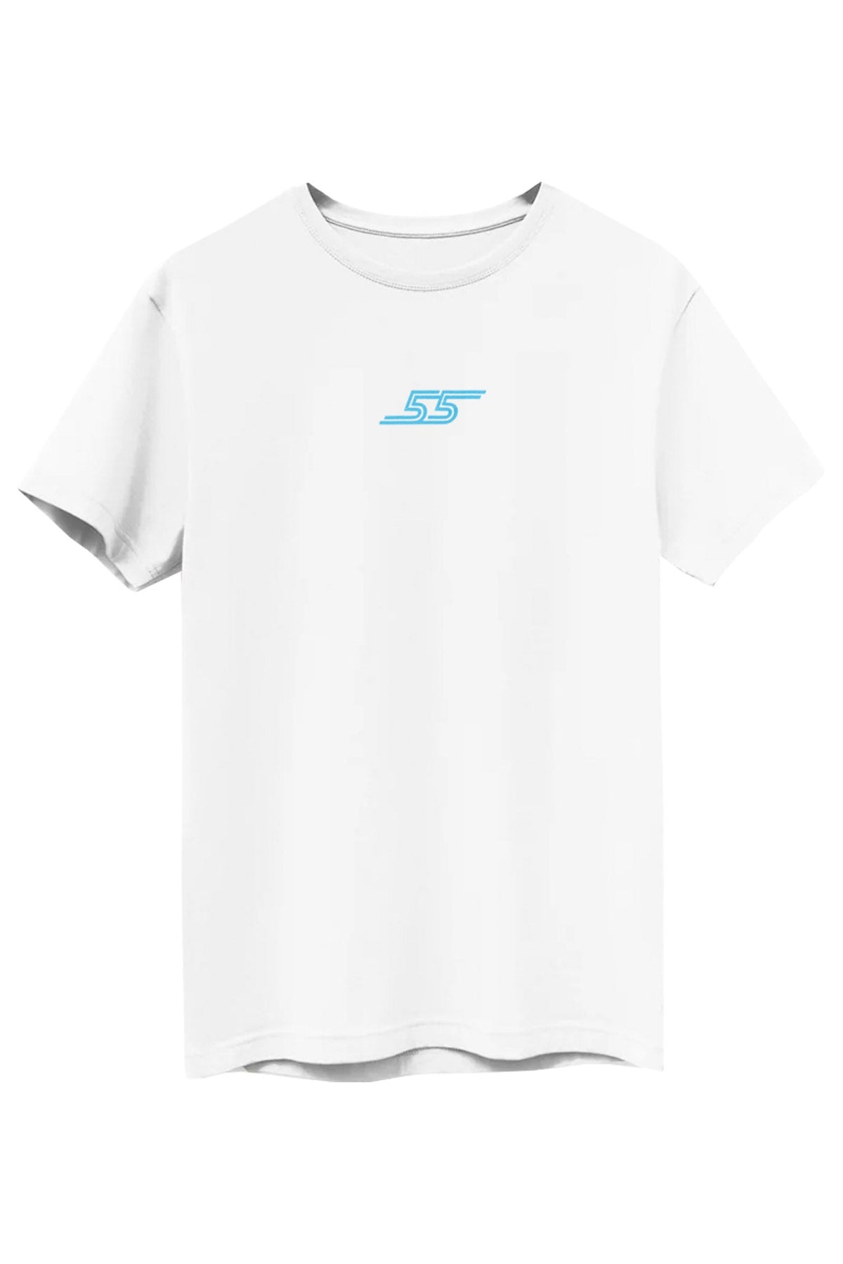 Front of a white t-shirt with a small blue logo on a white background