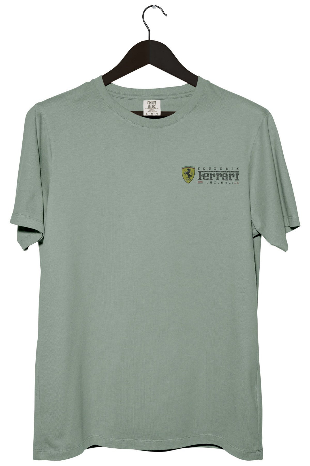 Front of a Bay Comfort Colors shirt, featuring a custom Ferrari inspired graphic design on the front.