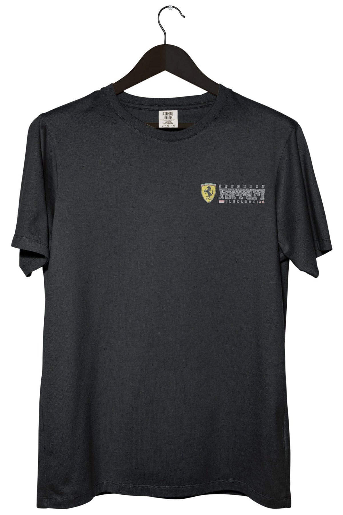 Black Comfort Colors shirt with a custom Ferrari F1 logo on the front, designed by Utmost Province.