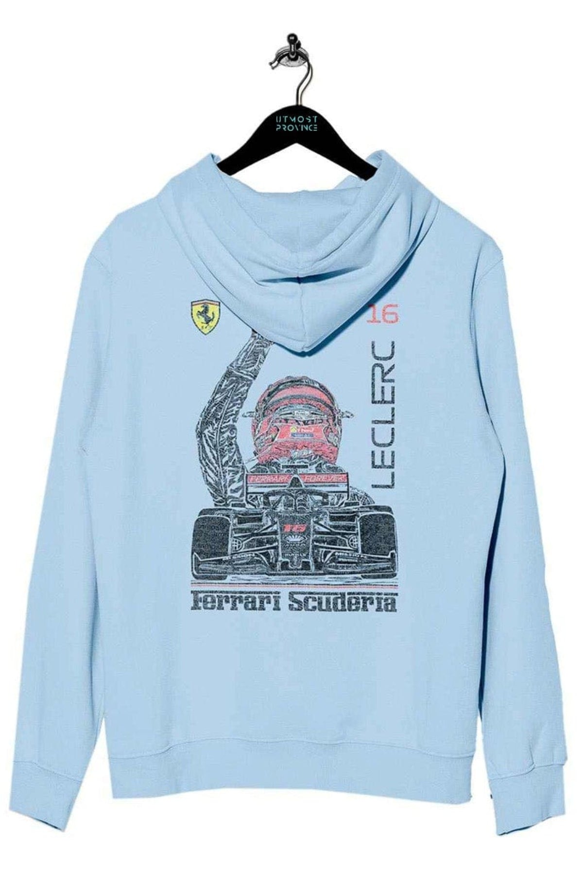 Light blue hoodie, featuring a custom Charles Leclerc inspired graphic design on the back