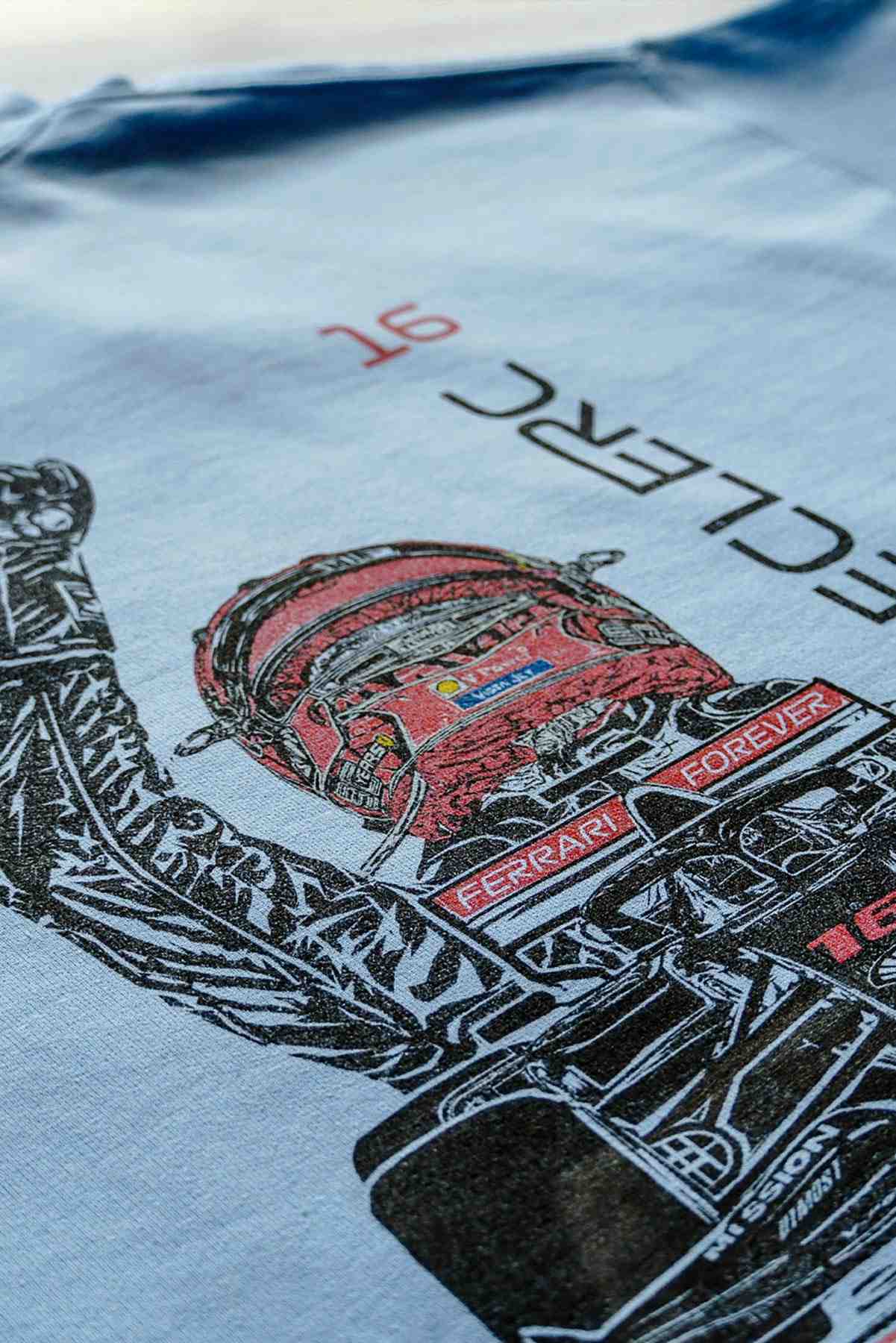 Close up of the back of a custom Ferrari F1 hoodie inspired by Charles Leclerc
