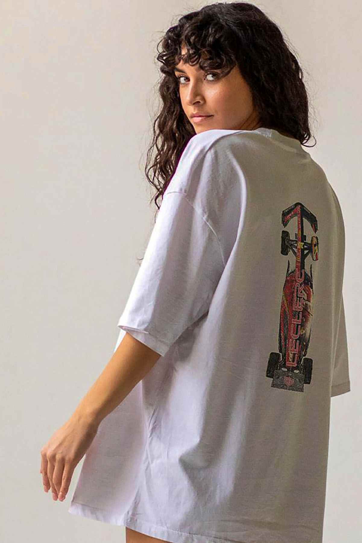 Model wearing Utmost Province Charles Leclerc race car t shirt, showcasing the graphic design on the back of the unisex F1 shirt.