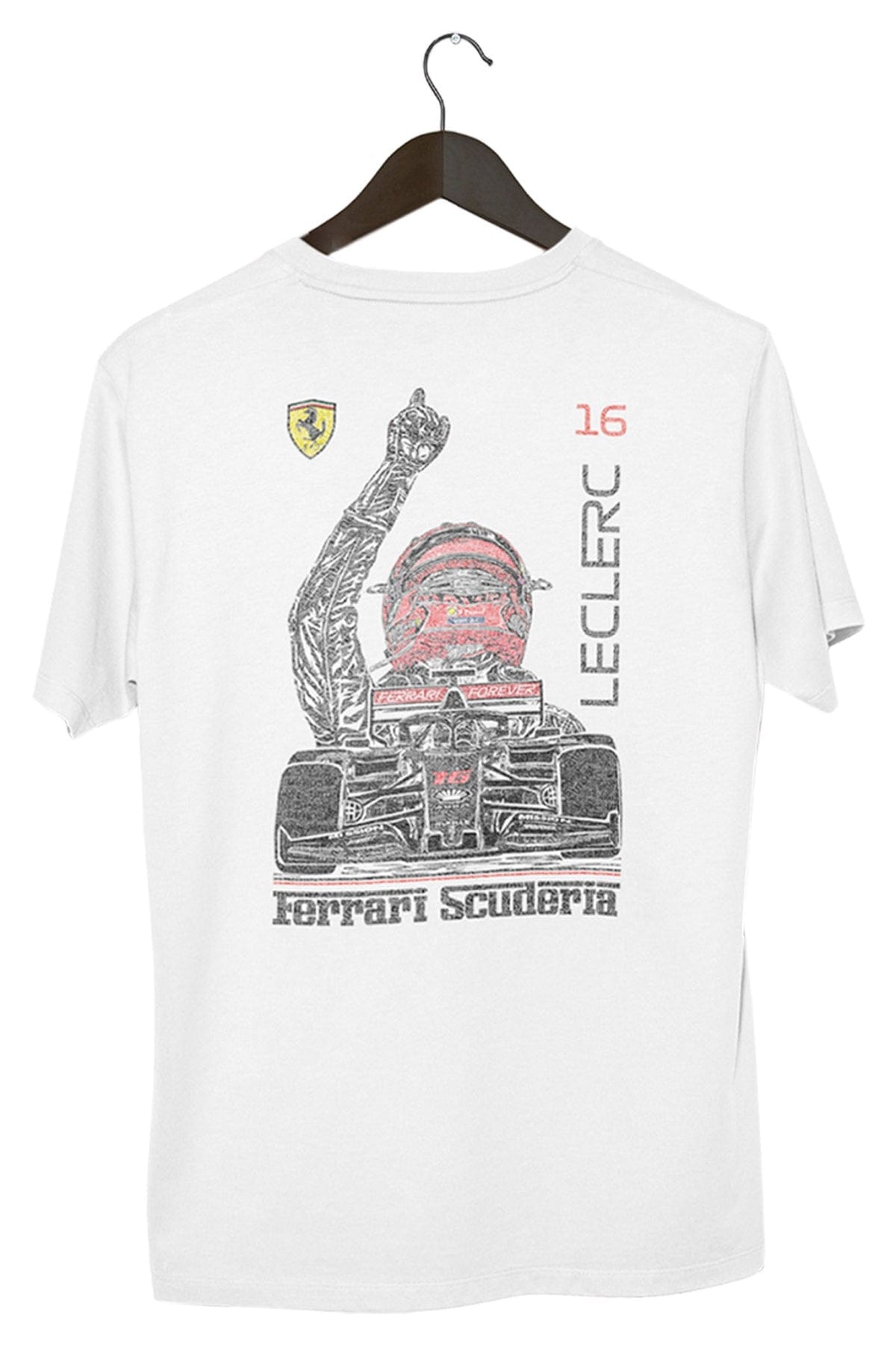 Charles Leclerc Ferrari F1 shirt, showcasing the graphic design on the back of an White Comfort Colors shirt.
