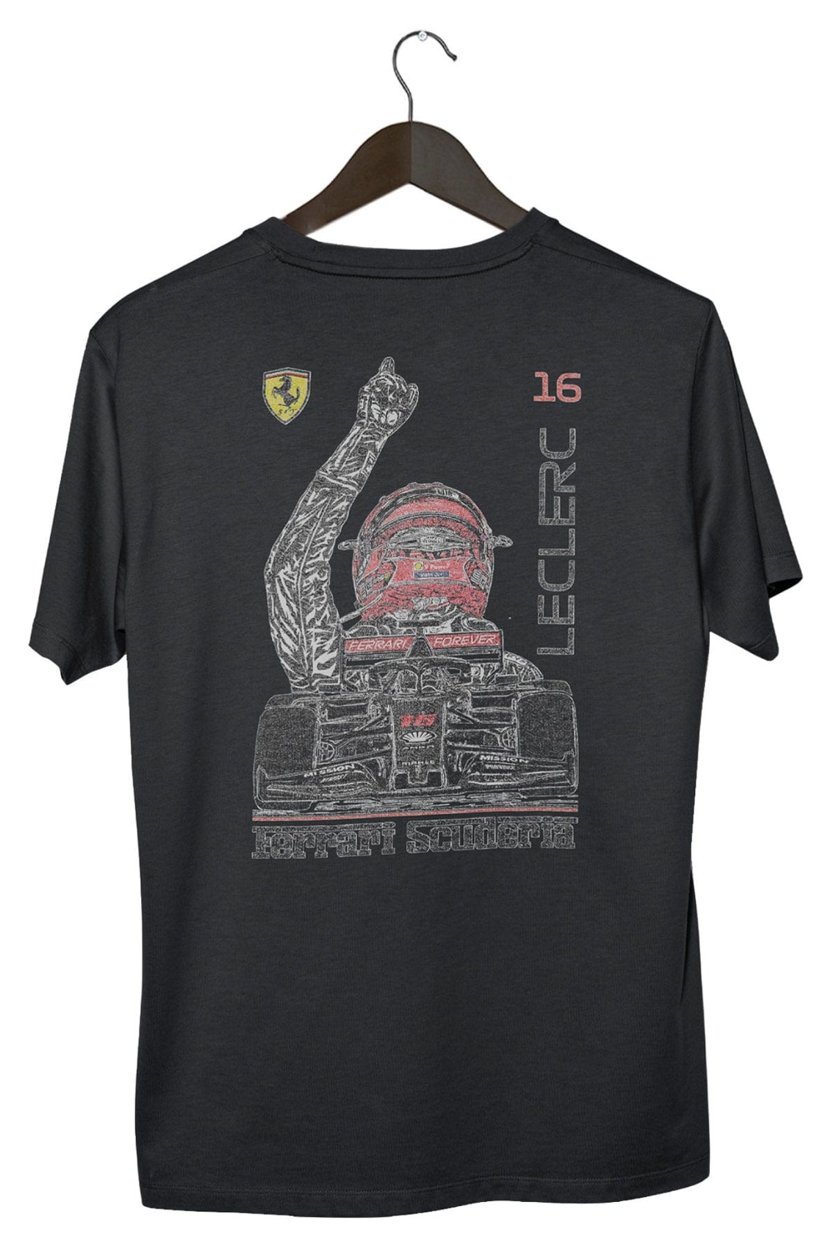 Charles Leclerc Ferrari F1 shirt, showcasing the graphic design on the back of an Black Comfort Colors shirt.
