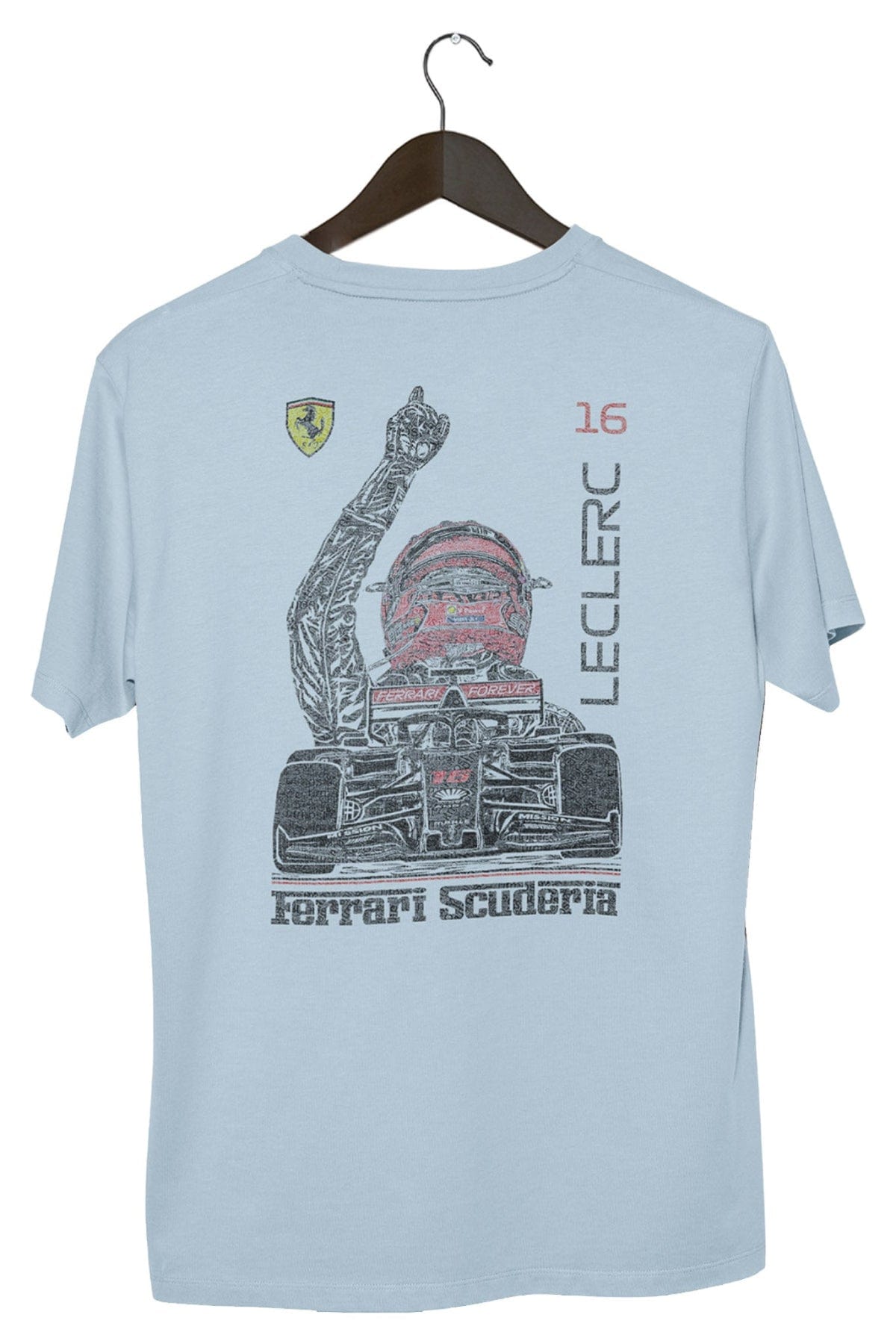 Charles Leclerc Ferrari F1 shirt, showcasing the graphic design on the back of an Chambray Comfort Colors shirt.
