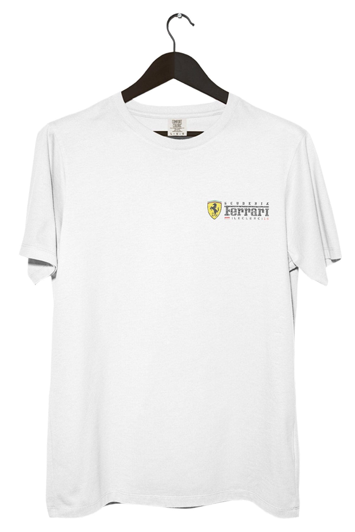 White t-shirt with Ferrari logo on a hanger against a white background
