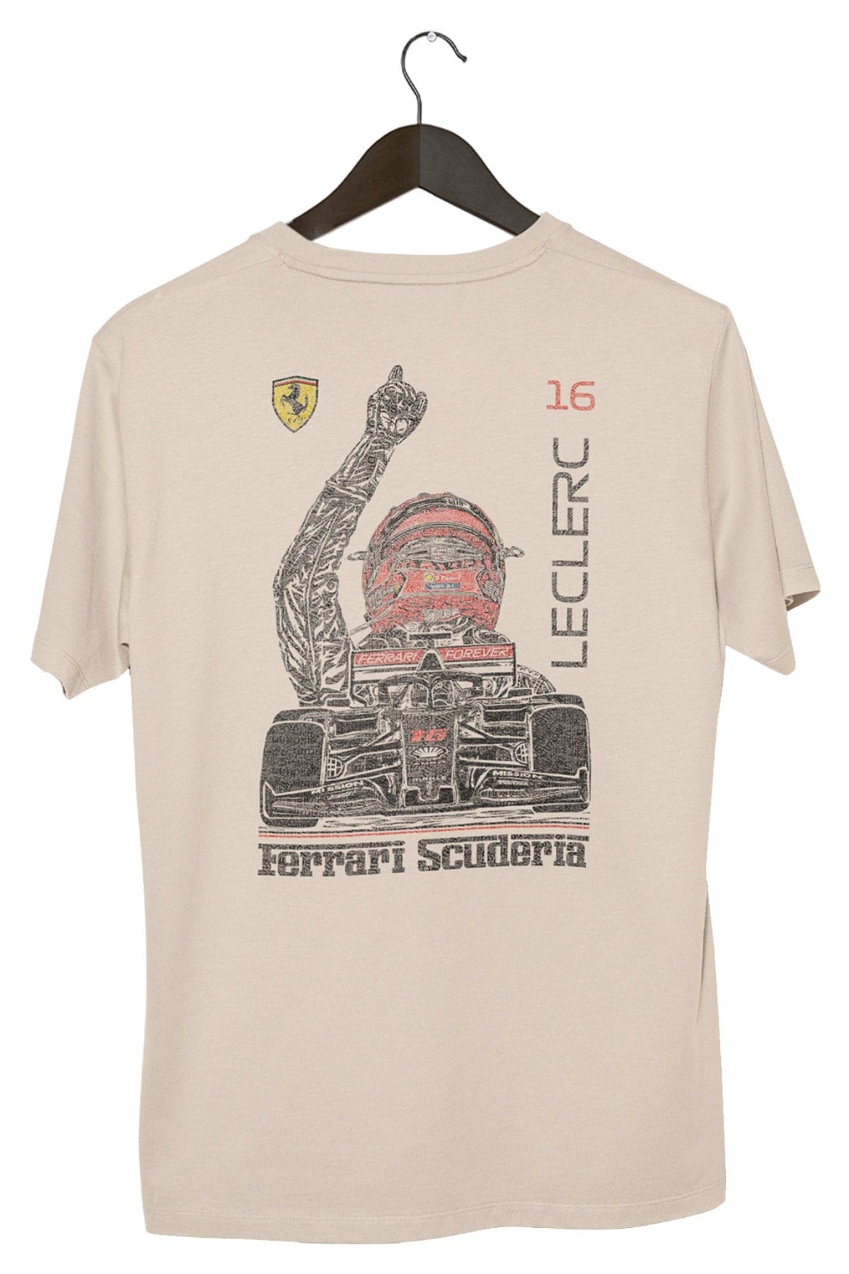 Charles Leclerc Ferrari F1 shirt, showcasing the graphic design on the back of an Ivory Comfort Colors shirt.