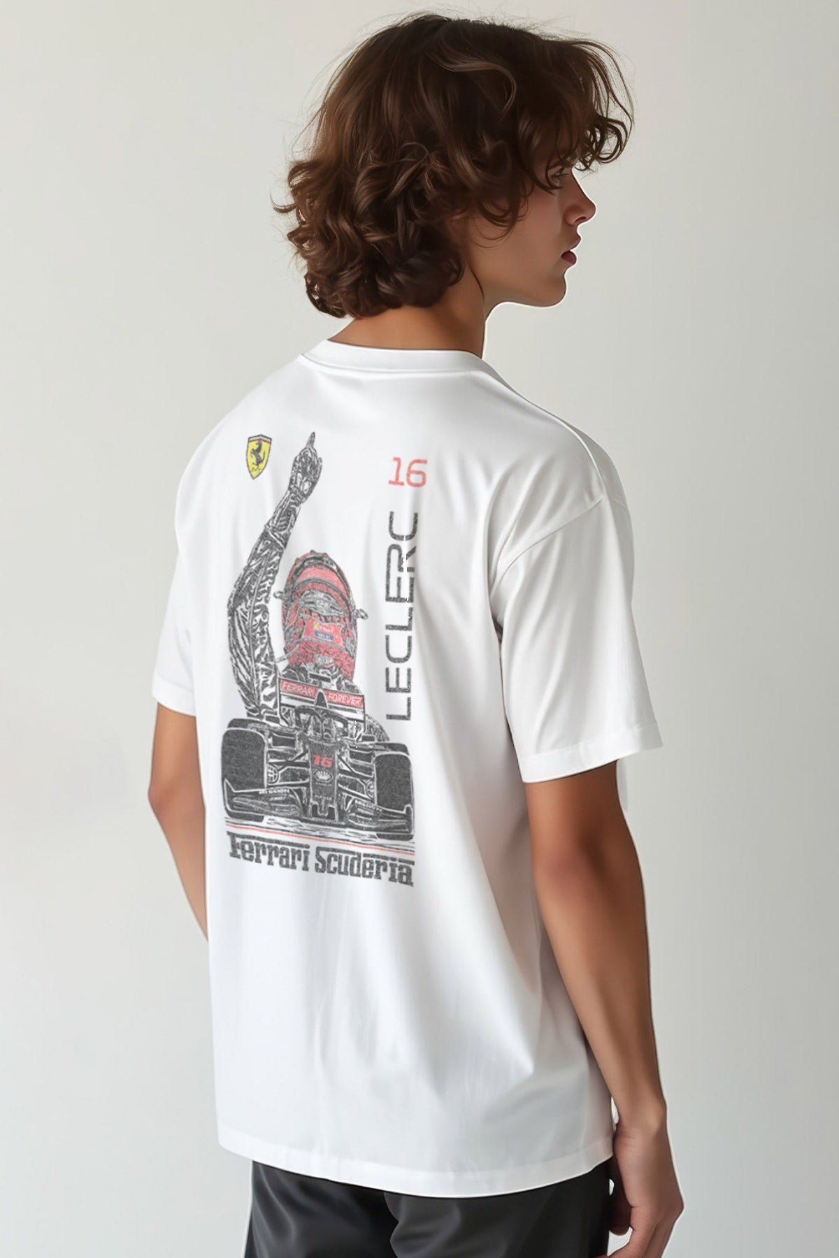 Man wearing a custom Ferrari F1 shirt, featuring a graphic design inspired by Charles Leclerc.