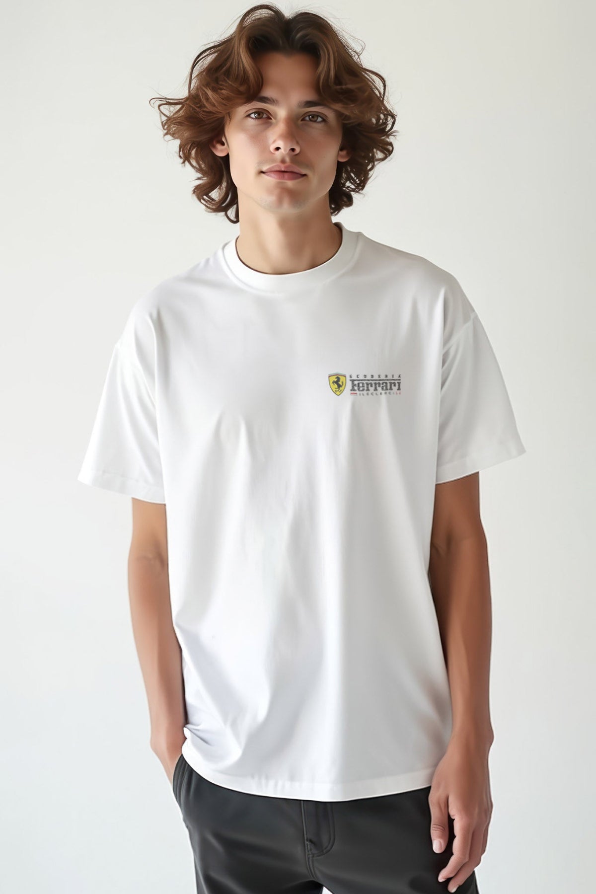 Man wearing a custom Ferrari F1 shirt, featuring a graphic design of the Scuderia Ferrari F1 team logo.