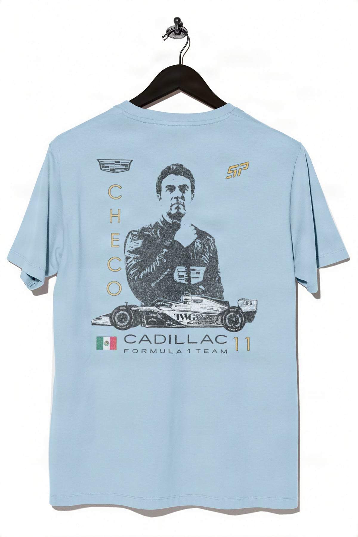 Chambray Cadillac F1 shirt by Utmost Province, showcasing the design on the back inspired by Checo Perez.
