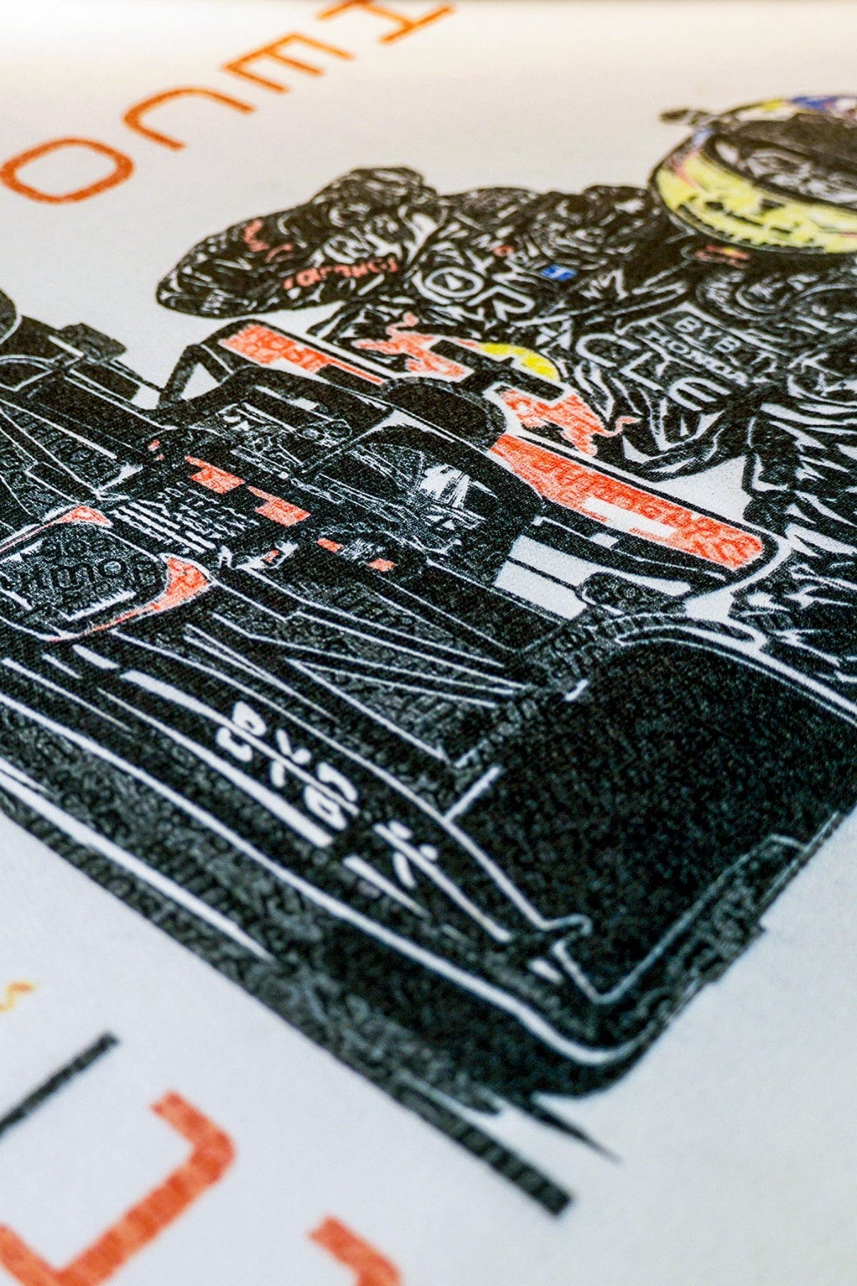 Close up of the graphic design printed DTG on a white Gildan hoodie.
