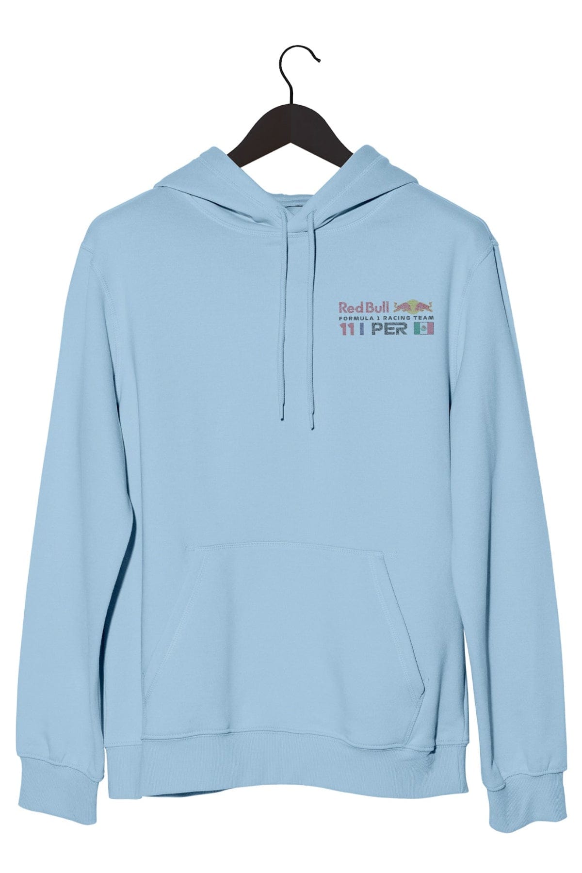 Front of a custom light blue Checo Perez Red Bull F1 Hoodie.