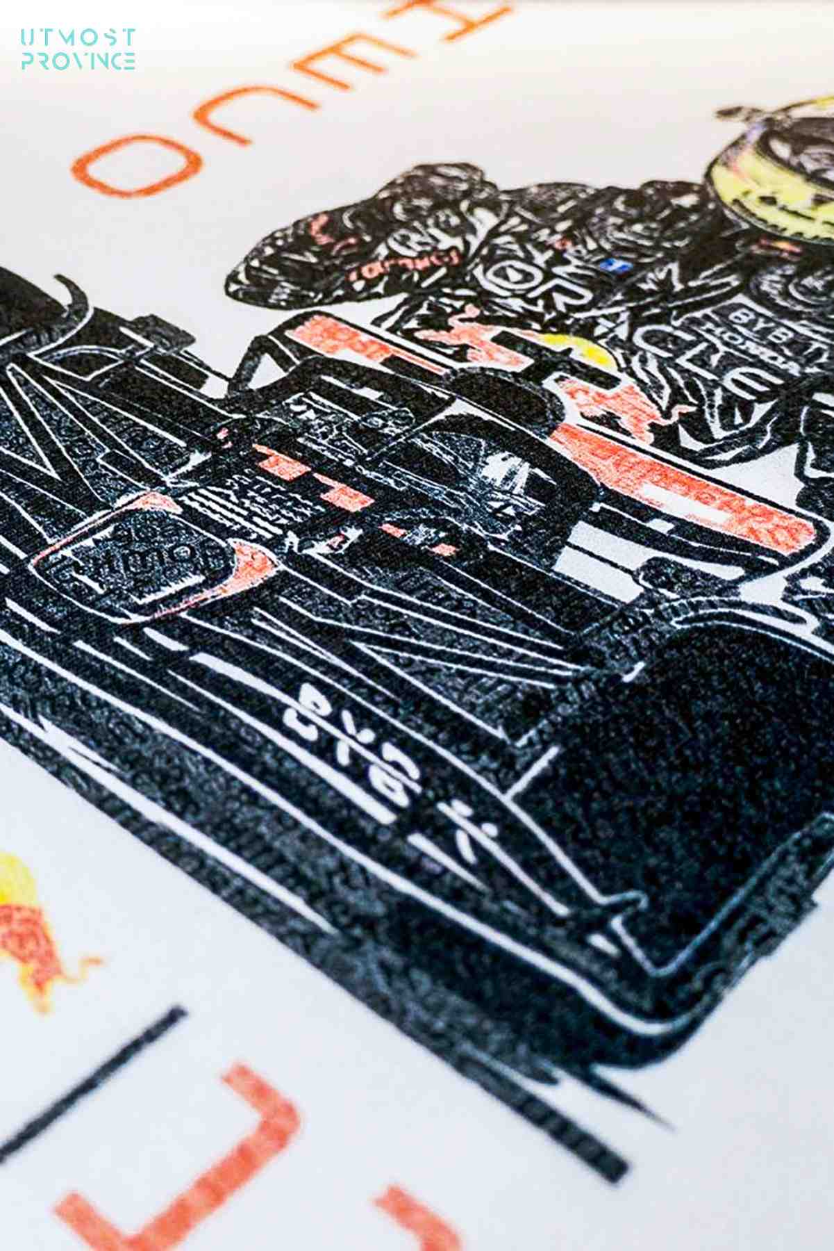Red Bull F1 hoodie laid flat on a table, highlighting the design on the back of the Formula 1 inspired hoodie.