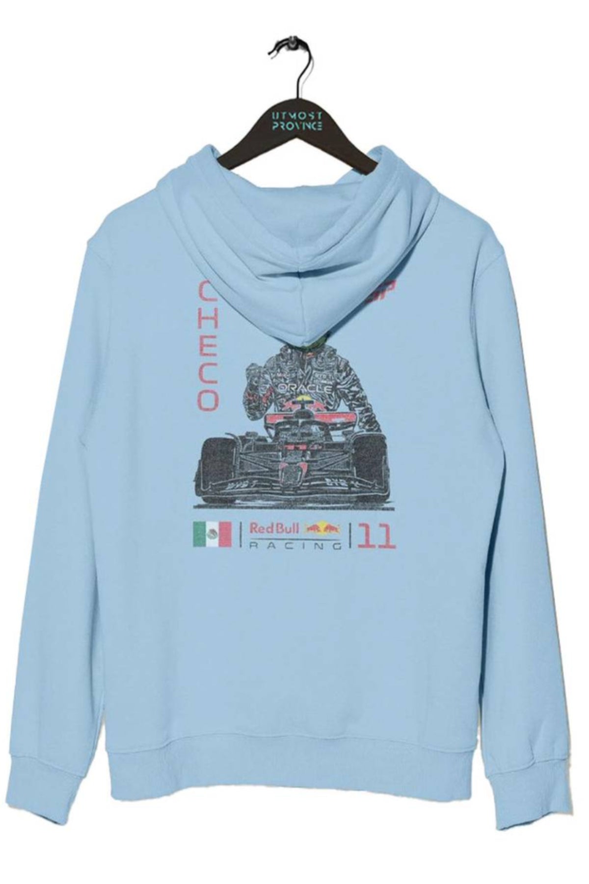 Light Blue Checo Perez inspired F1 hoodie on a hanger, showcasing the graphic design on the back.