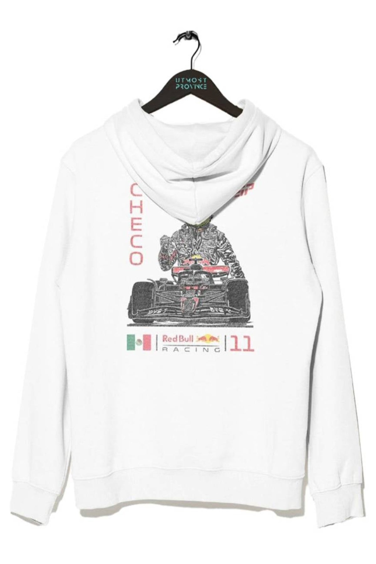 White Checo Perez Red Bull F1 Hoodie on a black hanger with a white background.