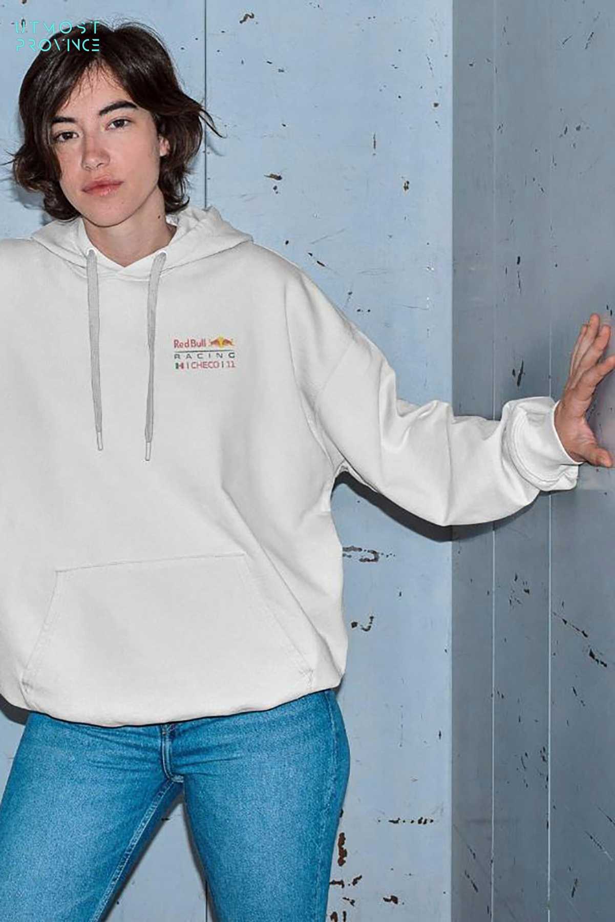 Model wearing Utmost Province custom Red Bull Racing hoodie inspired by Checo Perez, showcasing the design on the front of the F1 hoodie.