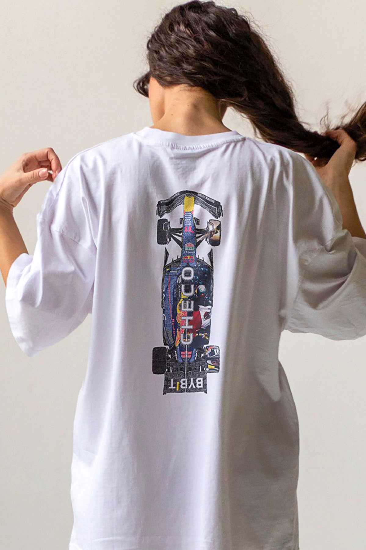 Model wearing Utmost Province Checo Perez Red Bull racing t-shirt, showcasing the graphic design on the back of the Red Bull F1 merch.