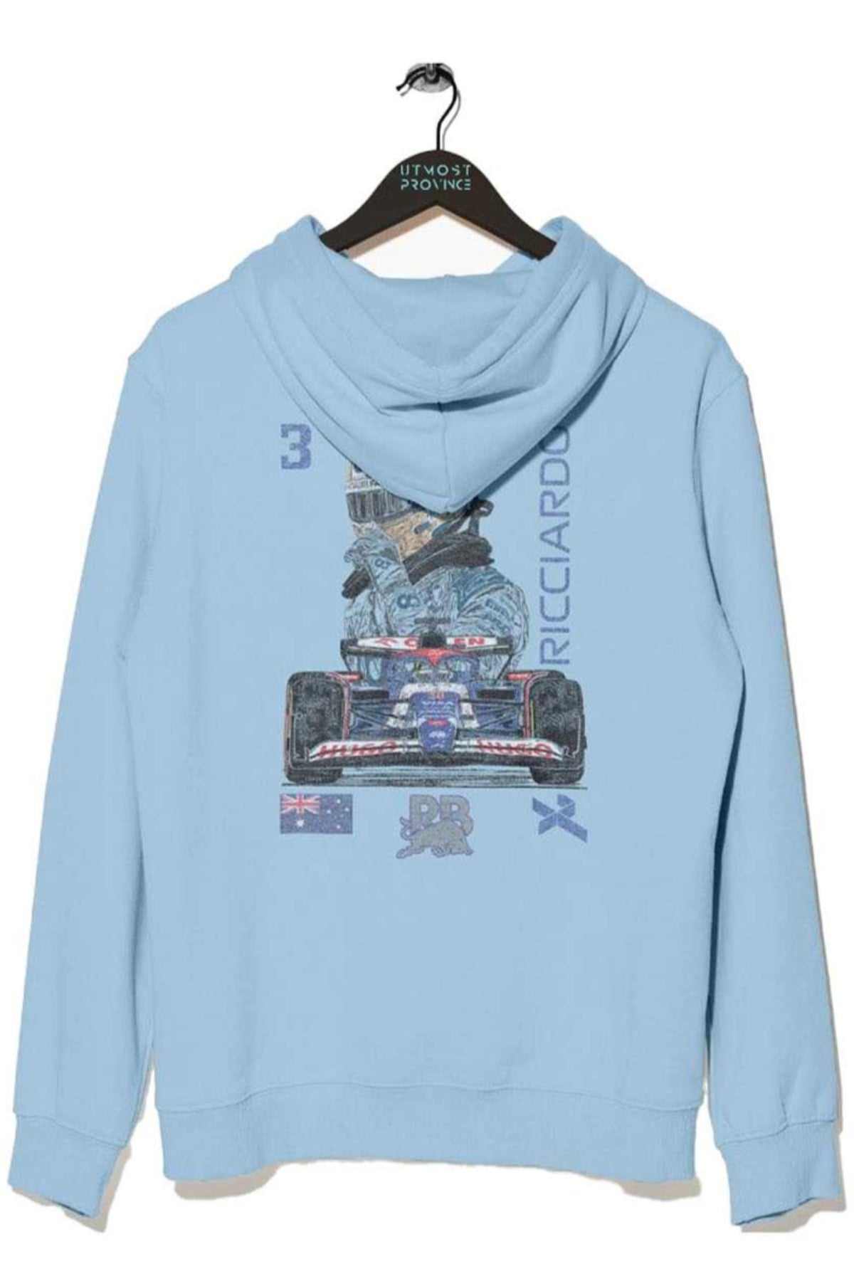 Back of a light blue Gildan fleece hoodie, featuring Utmost Province custom graphic design.
