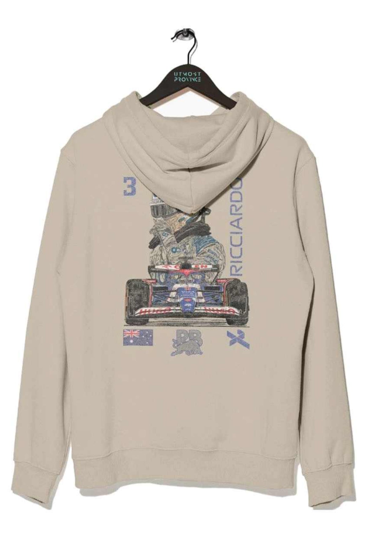 Back of Utmost Province custom Ricciardo inspired F1 hoodie.