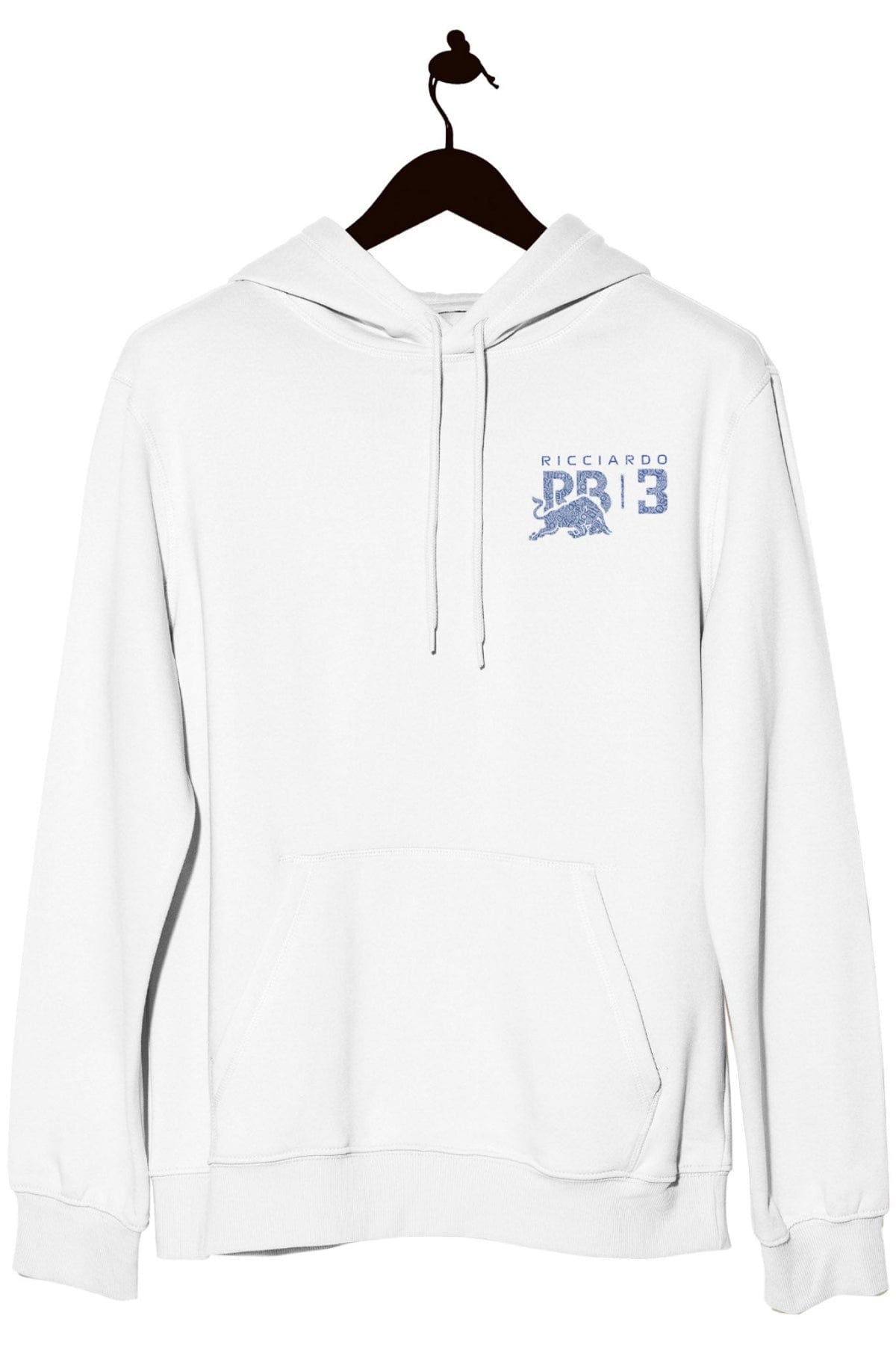 White hoodie, featuring a custom Ricciardo inspired graphic design on the front.