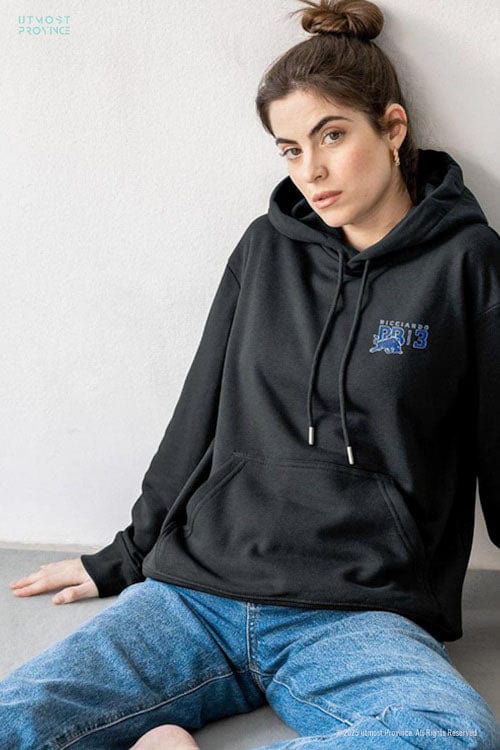 Model wearing a Visa Cash App RB F1 team hoodie, showcasing the front left chest design of Utmost Province's Daniel Ricciardo merch collection.