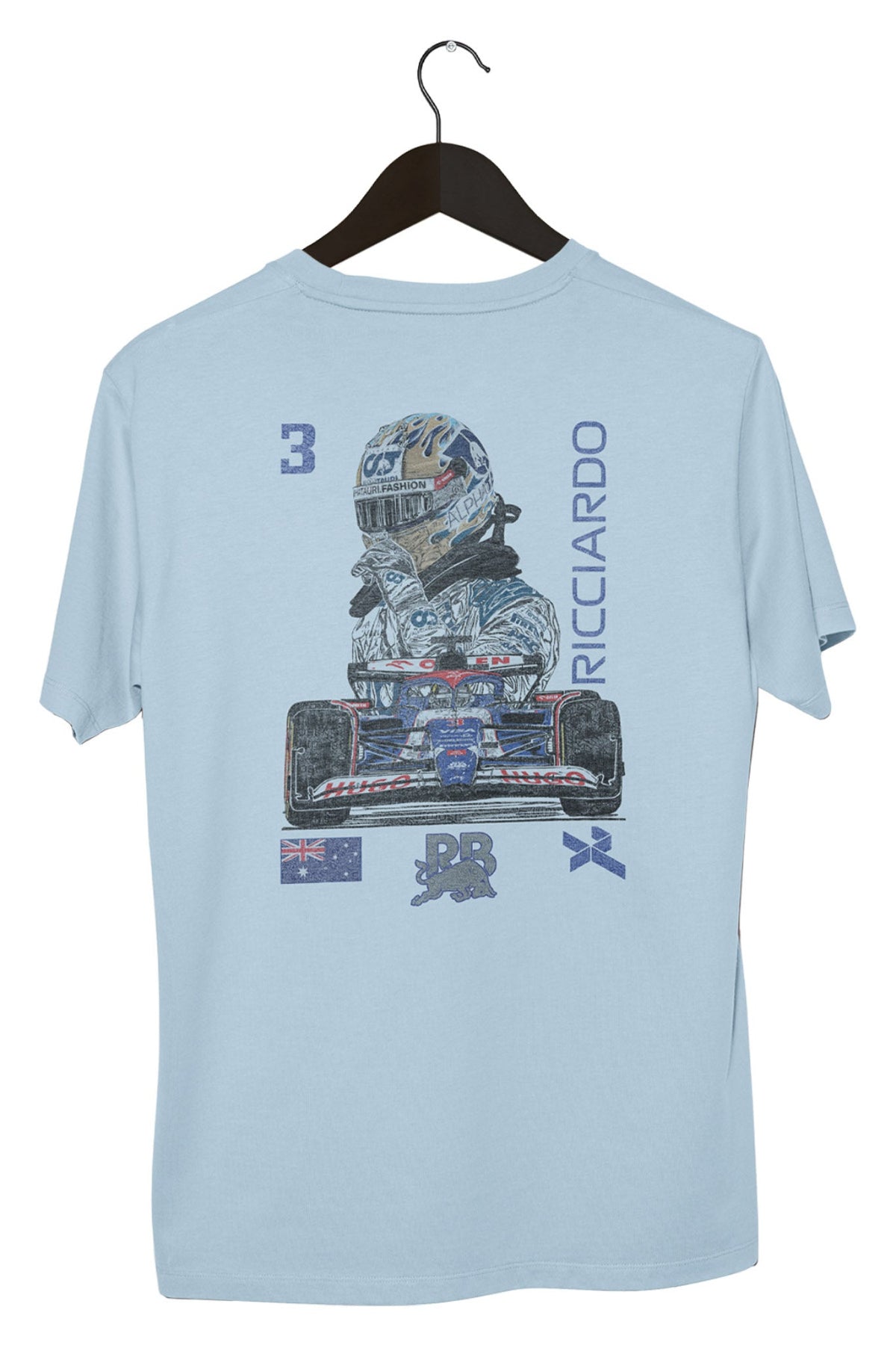 Custom Daniel Ricciardo shirt on a black hanger with a white background, showcasing the graphic design printed on the back of a Chambray Comfort Colors shirt.