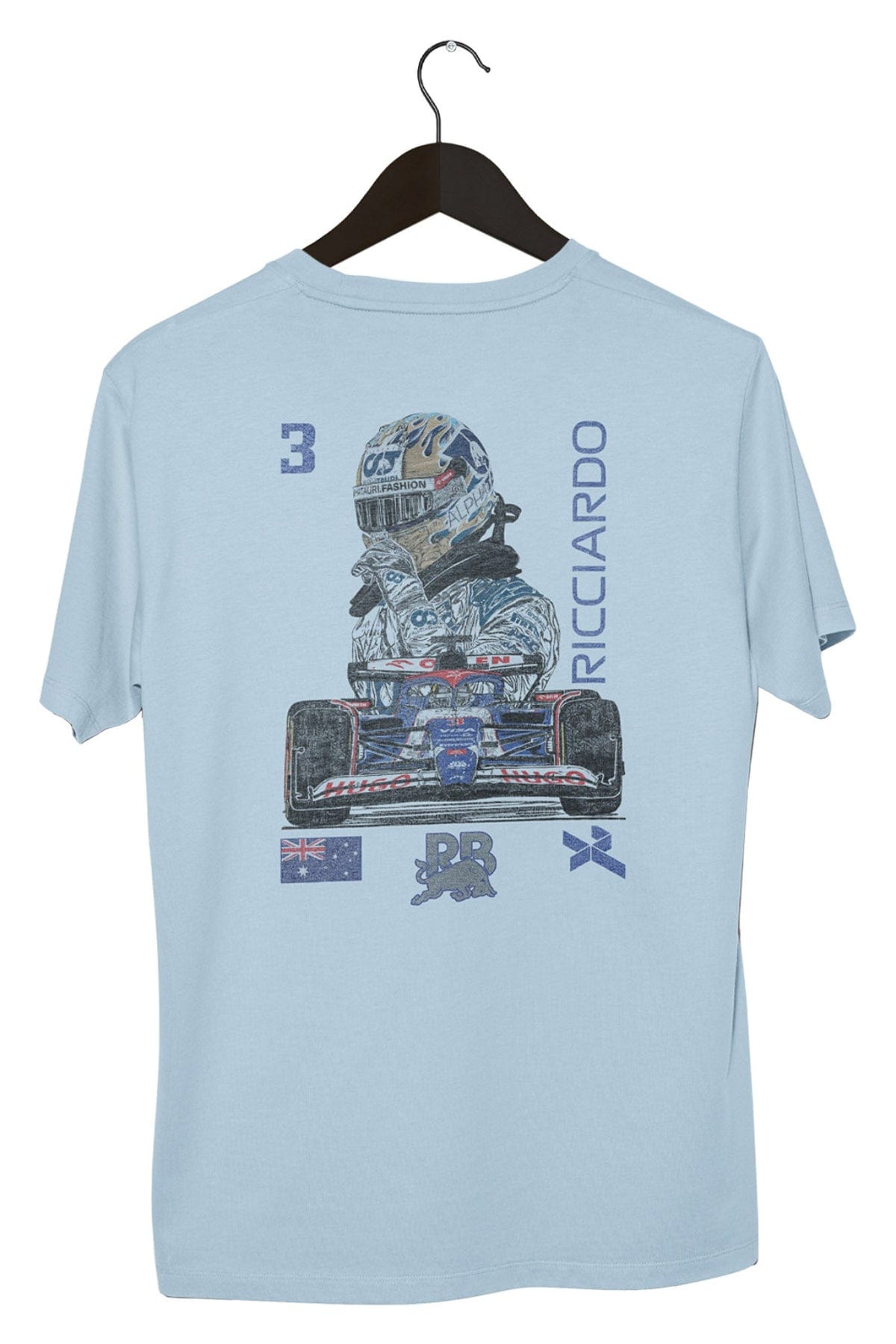 Back of a Chambray colored Comfort Colors shirt, featuring a unique design inspired by Ricciardo.