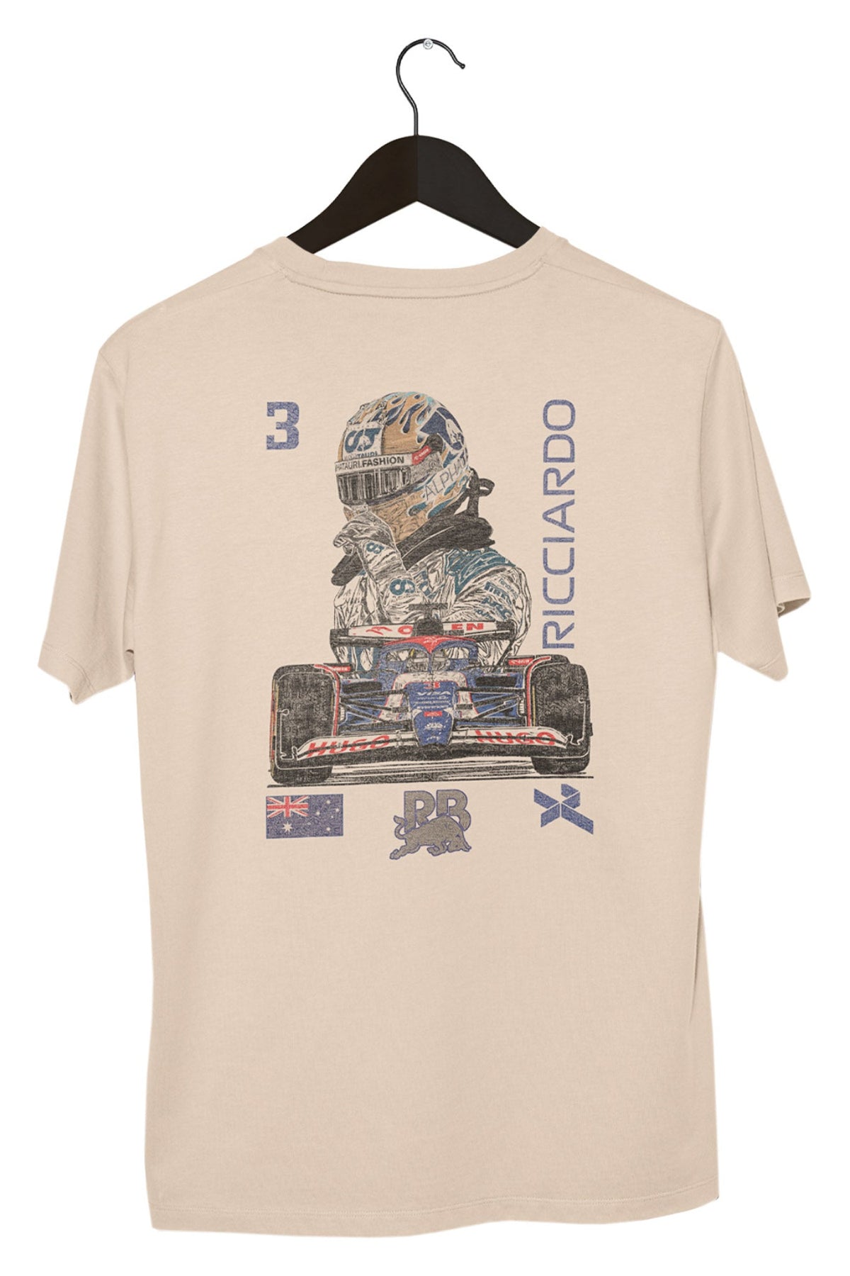 Custom Daniel Ricciardo shirt on a black hanger with a white background, showcasing the graphic design printed on the back of a Ivory Comfort Colors shirt.