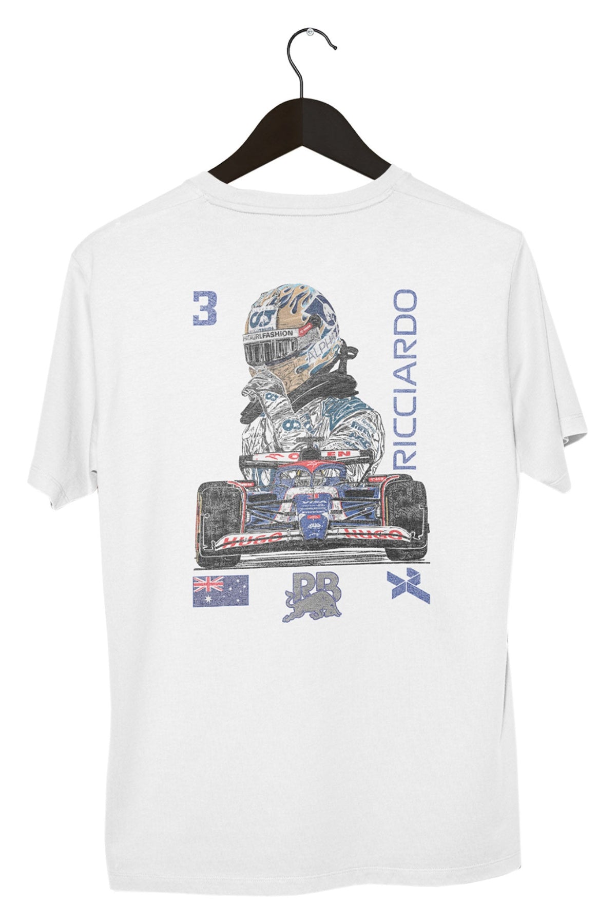 Custom Daniel Ricciardo shirt on a black hanger with a white background, showcasing the graphic design printed on the back of a White Comfort Colors shirt.