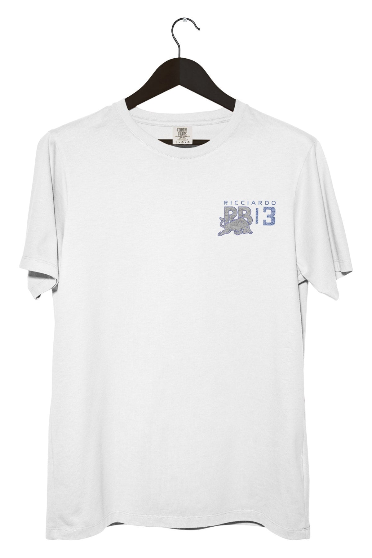 Front of a custom Daniel Ricciardo shirt with a RB F1 team custom logo, printed DTG on a White Comfort Colors shirt.