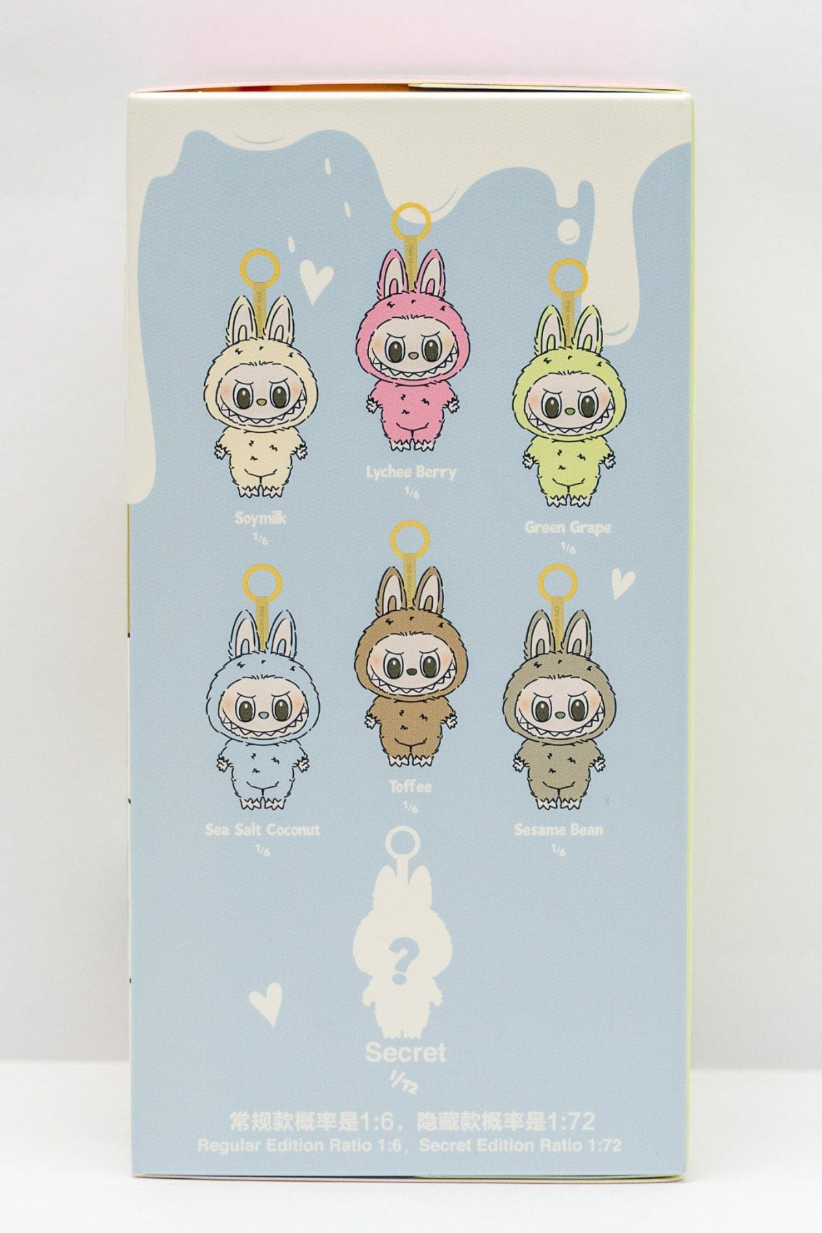 Right side of a Exciting Macaron Blind box, showing the odds of opening a secret id Labubu.