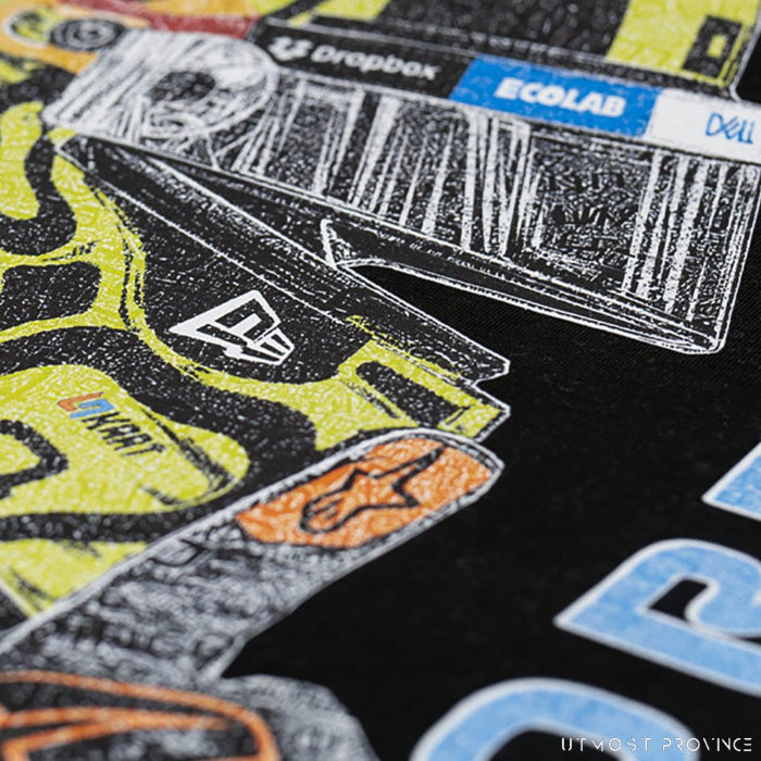 F1 Shirt collection. Close up macro shot of a custom Formula 1-inspired t-shirt, handmade at Utmost Province.