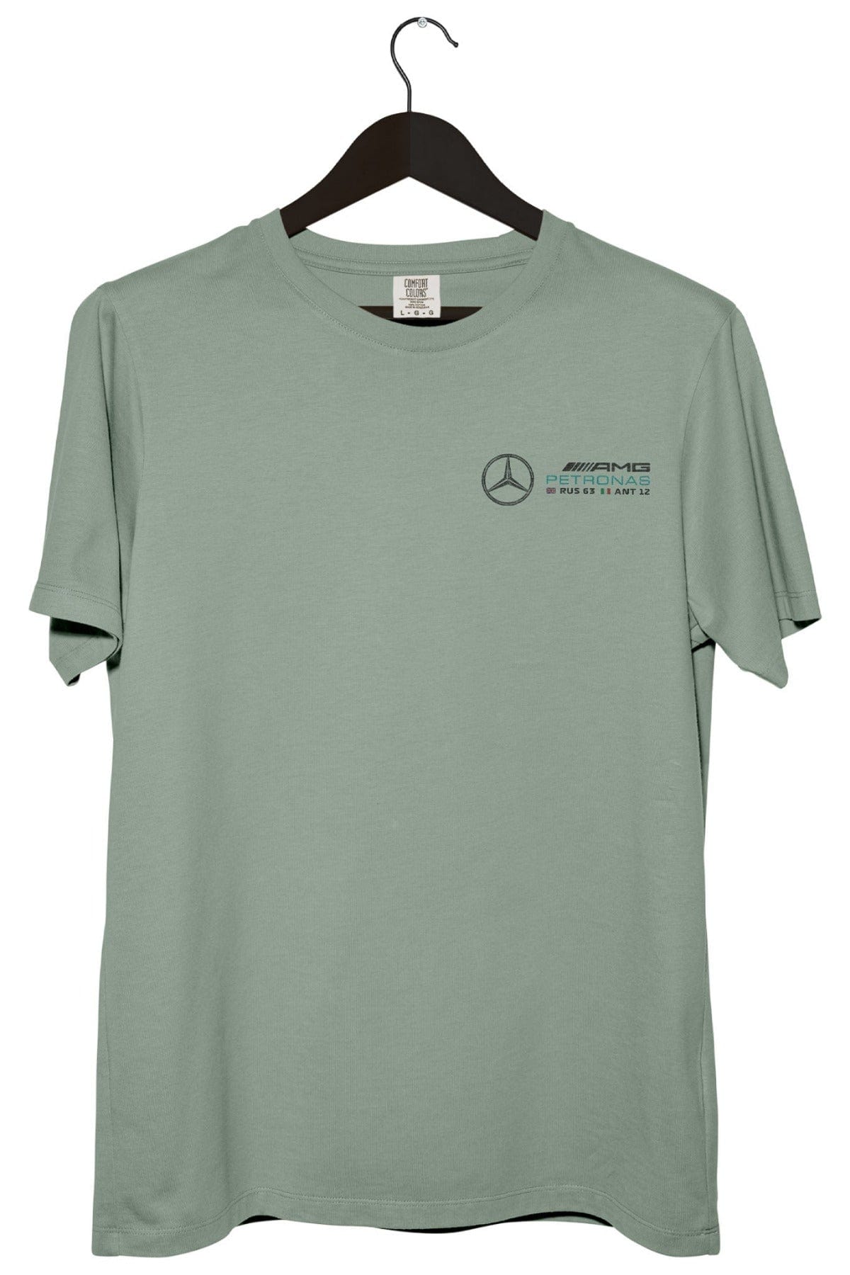Front of a bay Comfort Colors shirt with a Mercedes F1 graphic design.