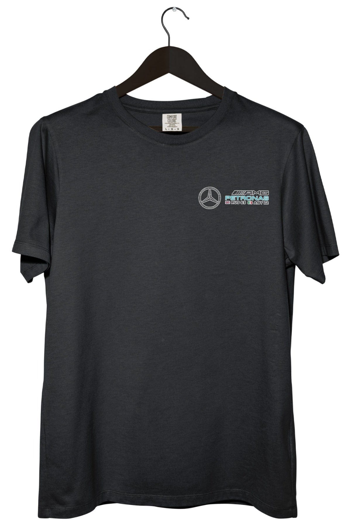 Front of Utmost Province custom F1 Mercedes T Shirt on a hanger with a white background.