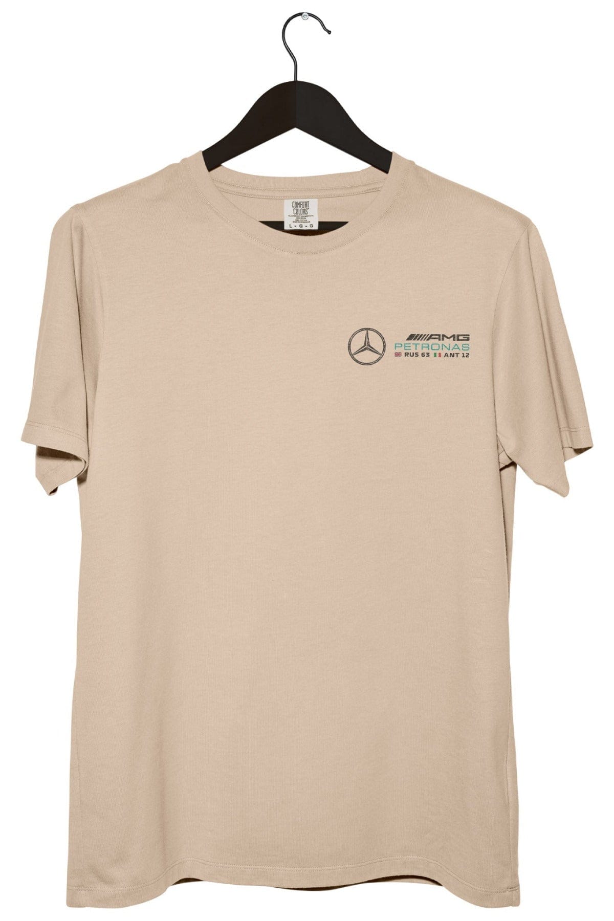 Front of an Ivory Comfort Colors shirt, featuring a custom Mercedes F1 logo on the front.